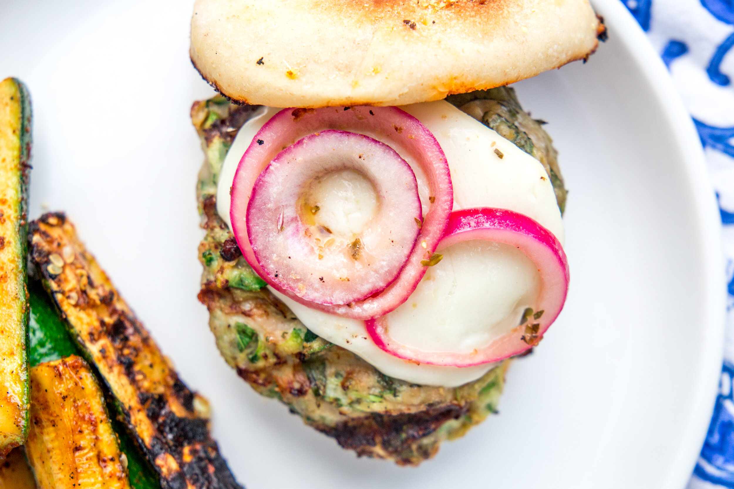Chicken Sausage and Zucchini Burgers with Mozzarella and Marinated Red