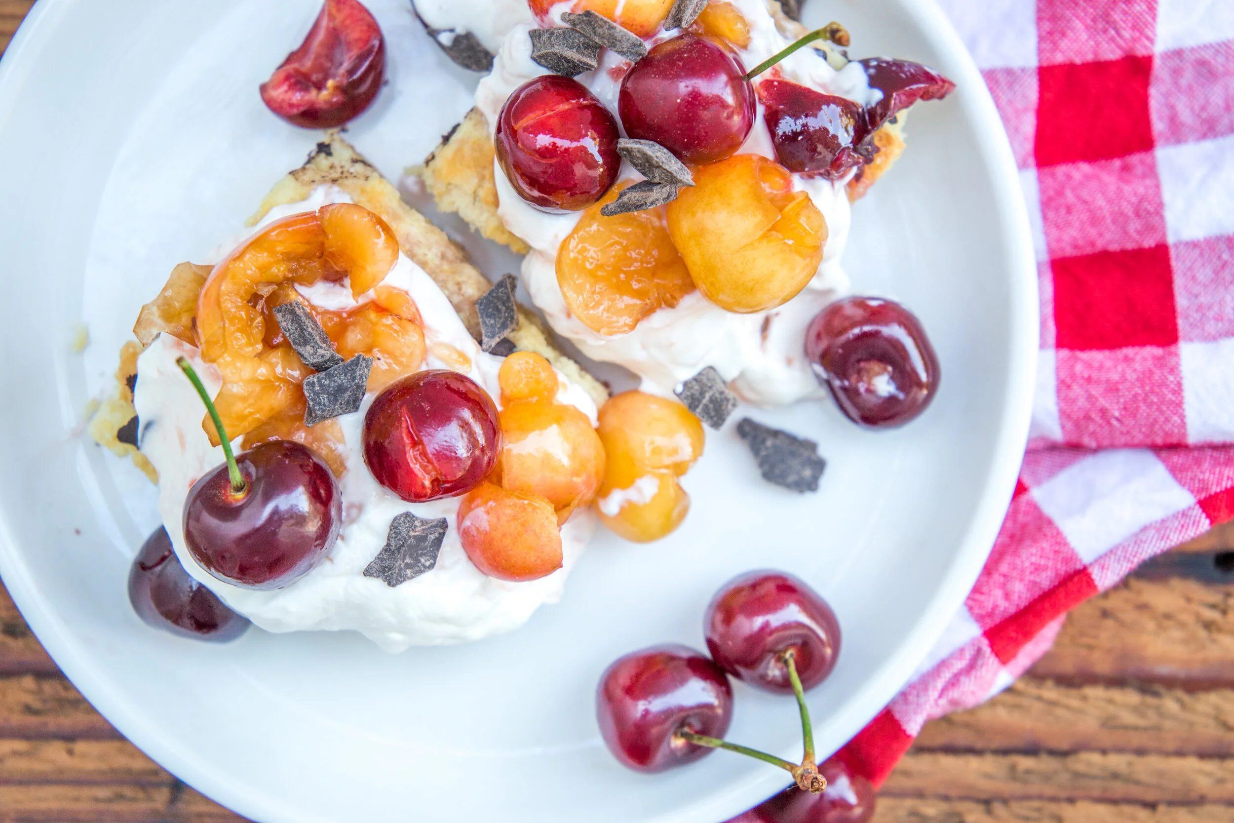 Salted Chocolate Chunk Shortcake With Cherries And Almond Whipped Cream Caroline Chambers I didn't add that much sugar to the recipe because i am not an. salted chocolate chunk shortcake with