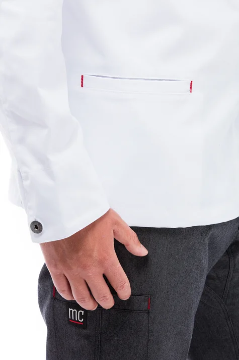 MEE-CHef_Max_men's_denim_designer_chef_coat_white_single_breasted_front_chest_quality_metal_canadian_made_bottom_MC_total_redline_standard_front_pocket_side