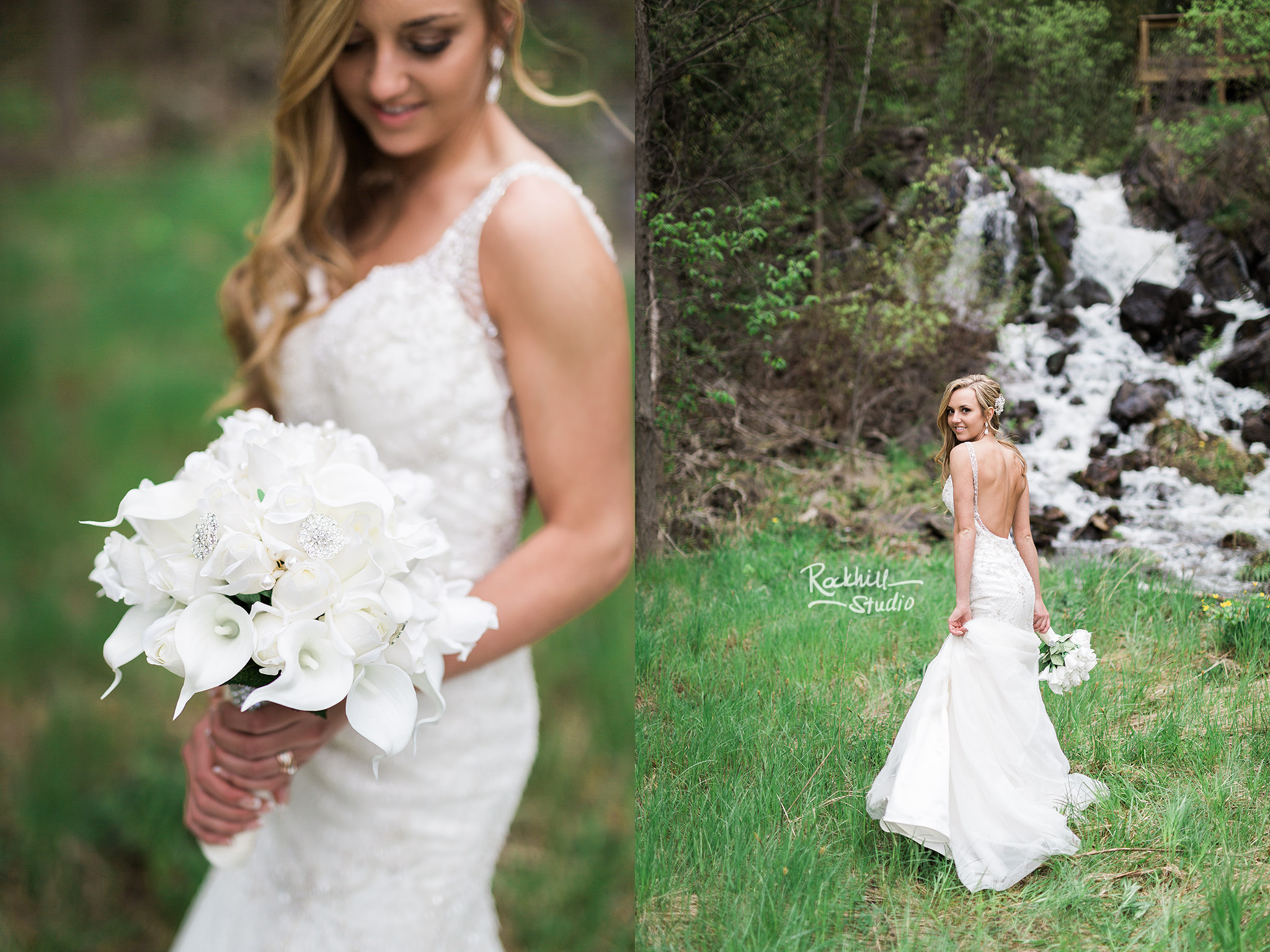 traverse city wedding photographer bride waterfall lily bouquet