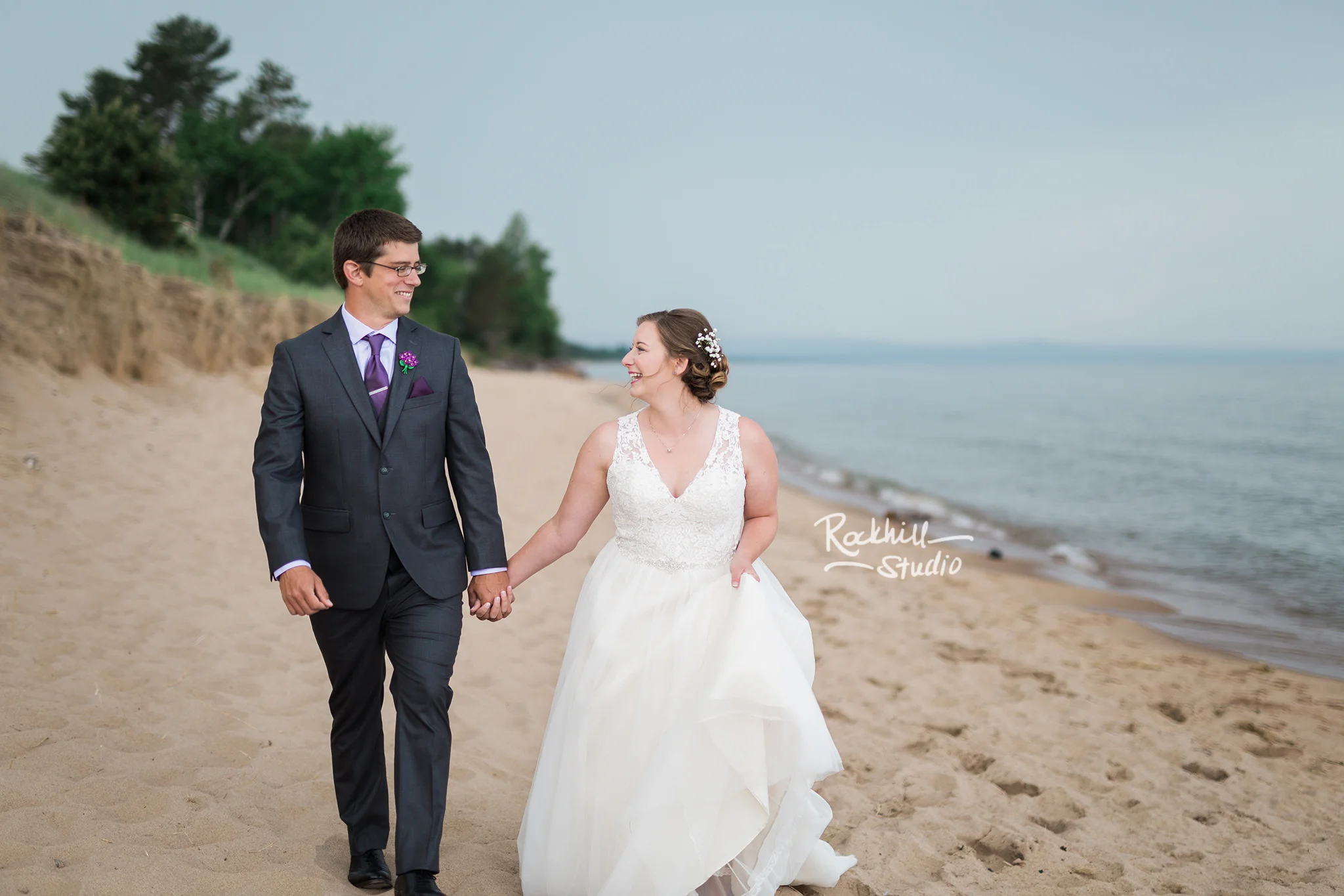 Marquette first look with bride and groom, Traverse City wedding photographer Rockhill Studio