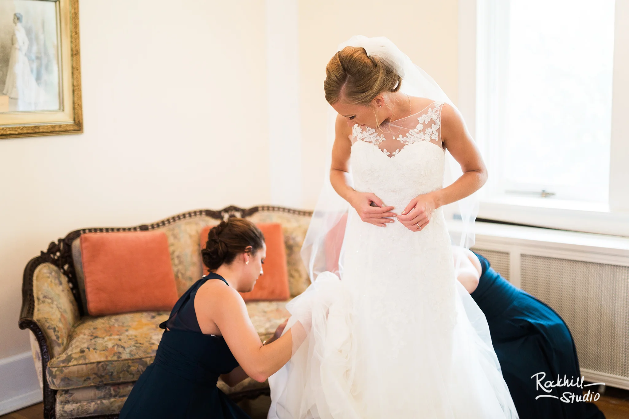 Traverse City Wedding Photographer, brides wedding dress hanging, Rockhill Studio, destination wedding photography