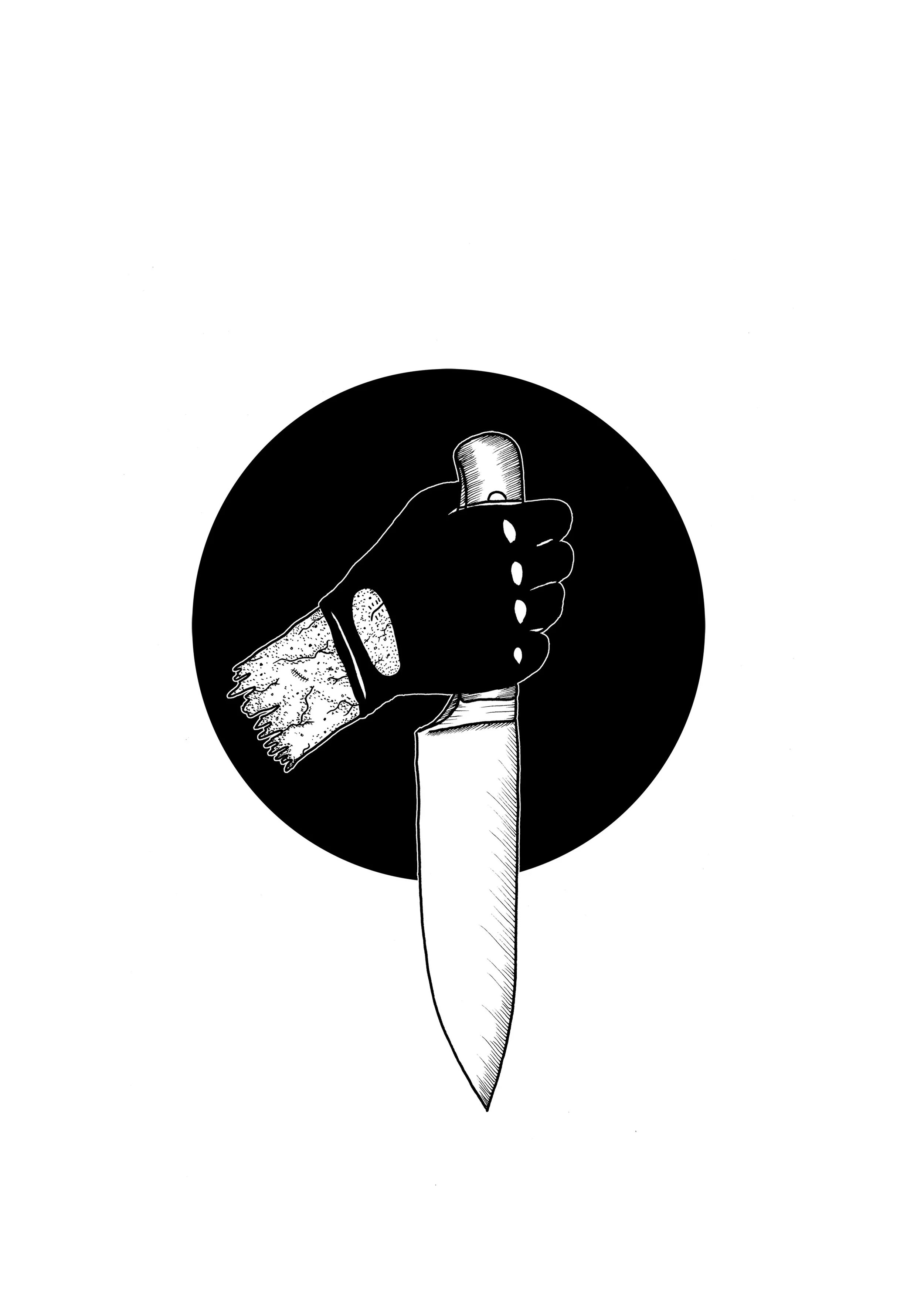 Front Design - Classic Horror hand gripping kitchen knife.