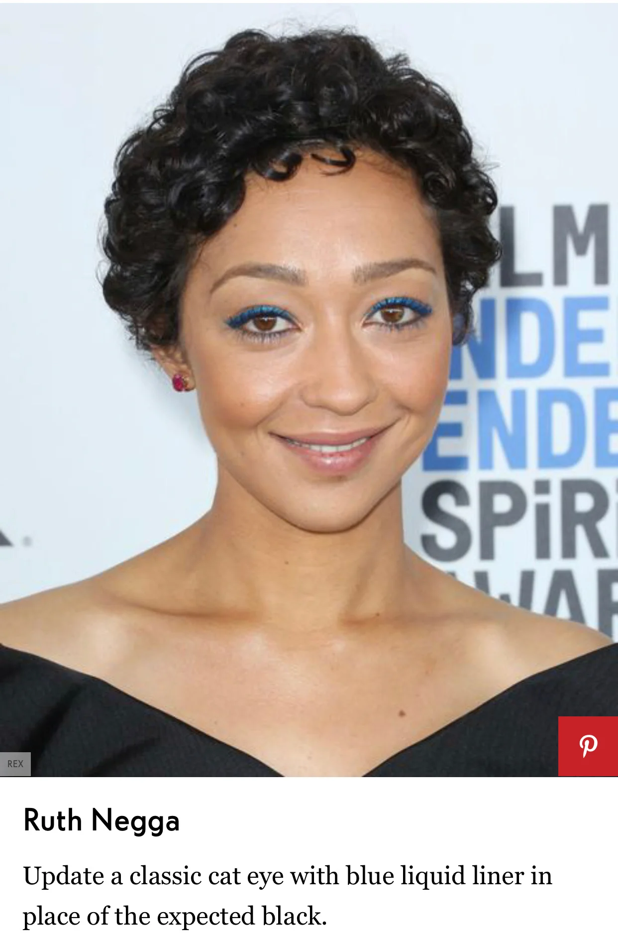 Ruth Negga is wide eyed in blue as top liner by keeping the bottom line dark brown.photo from Elle.com