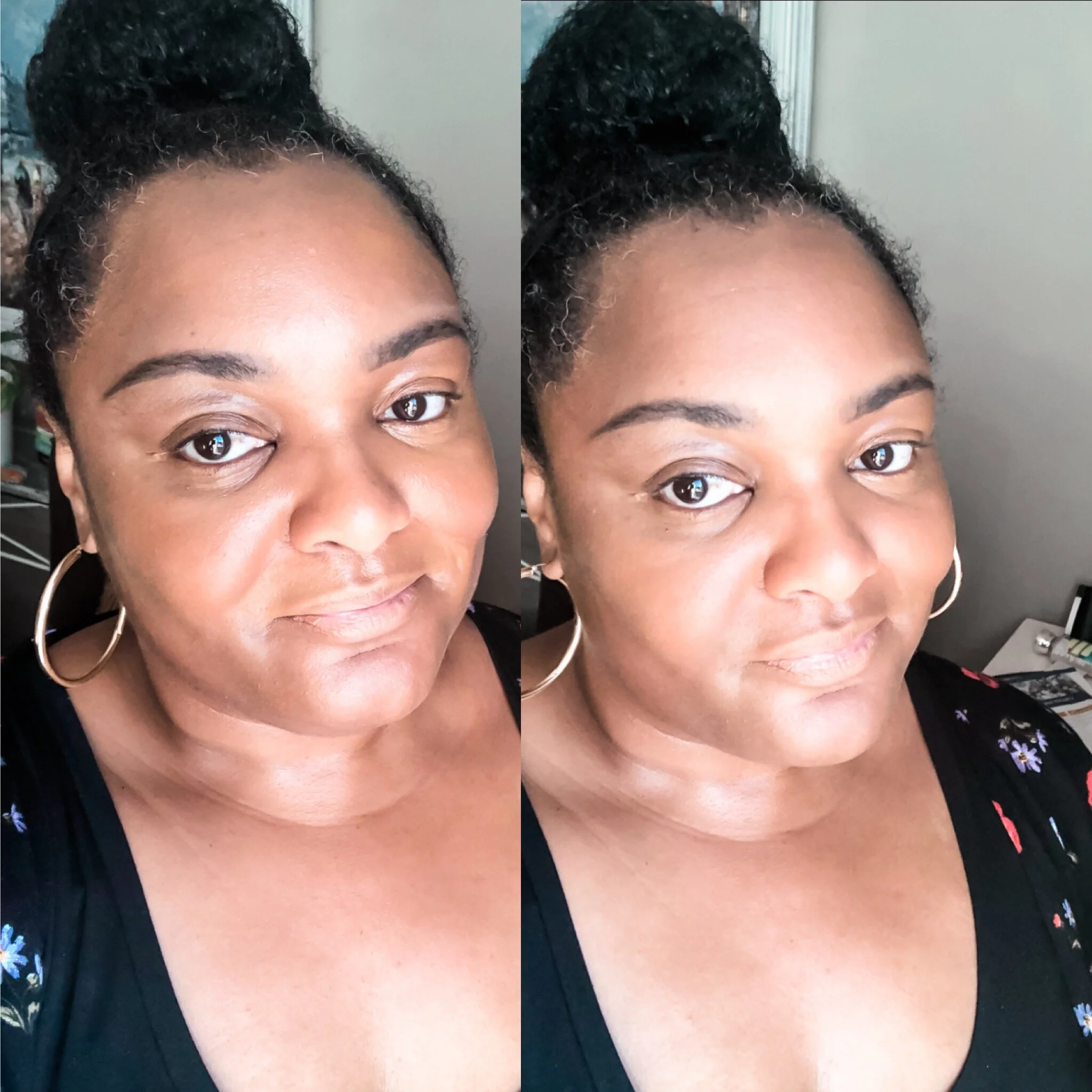 Foundation only. On the left a dewy look. On the right, natural.