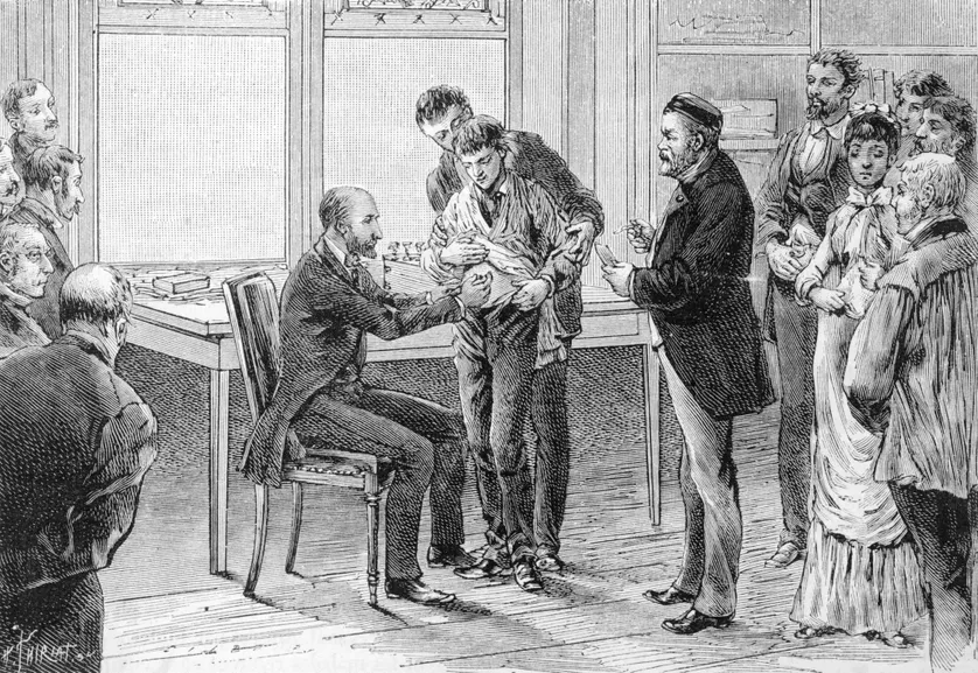 Louis Pasteur supervise une vaccination contre la rage dans son laboratoire, dessin de C. Gilbert, d'après nature, 1886• Crédits : Getty
