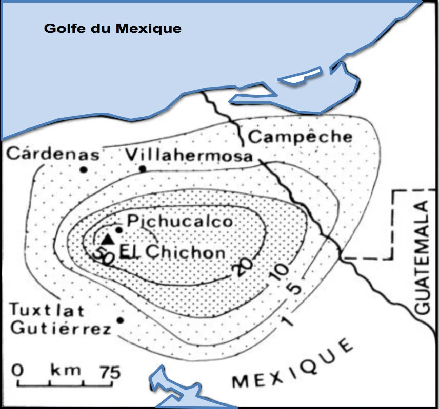   Dispersion des cendres et épaisseur de dépôt (en cm) de l’éruption de 1982  