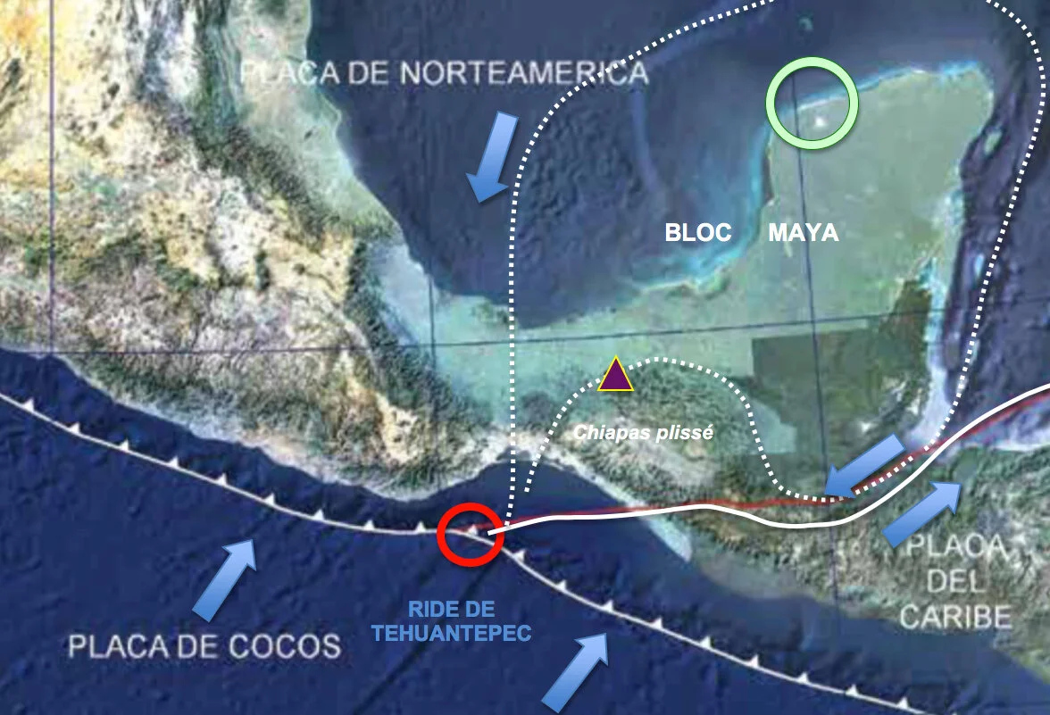   Sur cette carte j’ai matérialisé le point triple par un cercle rouge, le volcan El Chichón par un triangle violet et le cratère d’impact de l’astéroïde de Chicxulub (bien visible sur le fond marin) qui voilà 66 millions d’années est considérée comme responsable de l’extinction des dinosaures. En pointillé vert clair j’ai indiqué la position approximative des limites de cassure qui identifient le bloc Maya et ses parties tabulaire et plissée.  