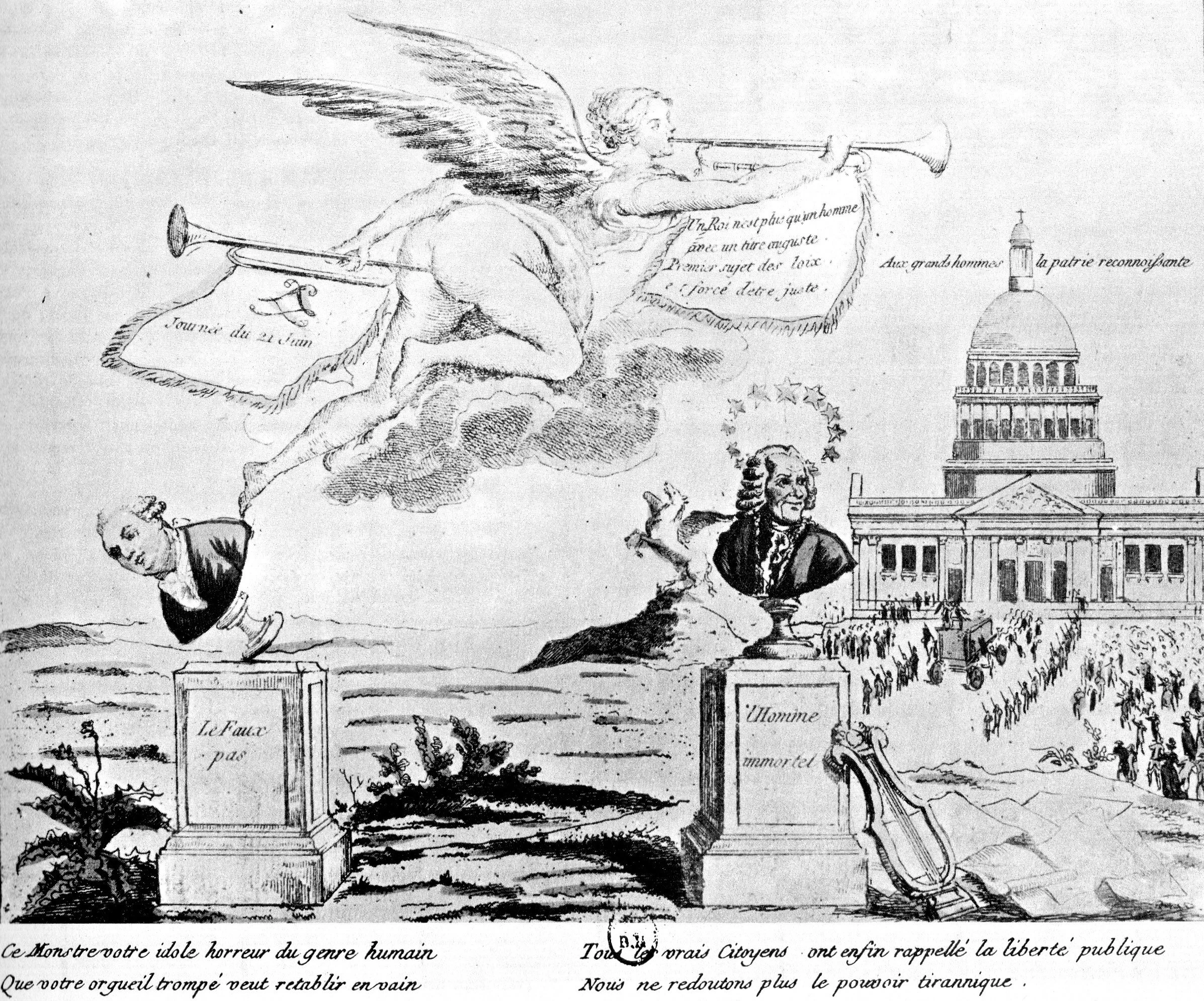 Le 11 Juillet 1791, 3 semaines après l’arrestation du roi à Varennes, le transfert des cendres de Voltaire au Panthéon tourne à la manifestation contre le roi Louis XVI et la monarchie constitutionnelle. La Renommée révèle que Rabelais n’est jamais très loin des références du bon peuple de l’époque. Quant à moi je pense à Brassens et aux trompettes de la renommée bien mal embouchées …