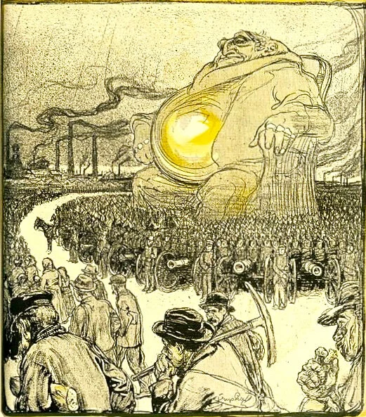 Républicain et libre penseur Kupka multiplie les dessins de presse pour vivre. Vite remarqué En janvier 1902, L’ASSIETTE AU BEURRE lui confie le soin de réaliser une édition spéciale consacrée à « L’ARGENT ». « En tant que pauvre, j’ai vécu avec les pauvres, et c’est ainsi que sont nés mes dessins satiriques militants. Pourtant, même dans ces conditions, je me suis toujours attaché à maintenir l’art du dessin à un haut niveau ».