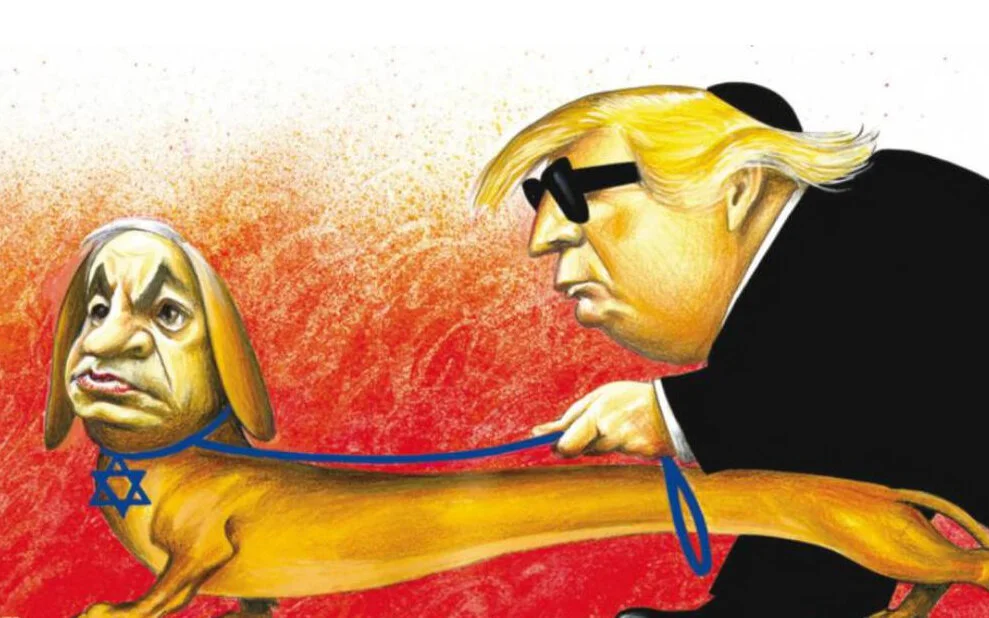 Cette caricature d’Antonio Moreira Antunes pose que la politique américaine initiée par Trump vis à vis de la Palestine est pilotée directement par Israël en la personne du « basset » Netanyahu. (NEW YORK TIMES, avril 2019). Dénoncée comme antisémite, elle conduit le journal à présenter des excuses puis en juin à annoncer l’abandon de la publication de caricatures de presse.