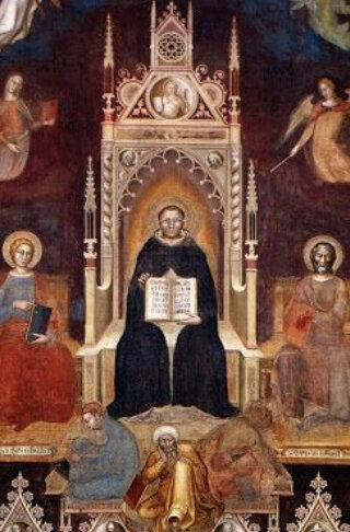 Exaltant dans son œuvre l'autorité de l'Église et la doctrine des dominicains, Thomas d’Aquin de sa cathèdre, dénonce les erreurs doctrinales d’Arius (g.) d’Averroès (centre) et de Sabellius (d.), écrasés à ses pieds (détail de la fresque de Bonaiuti, salle capitulaire de Santa Maria Novella ; FLORENCE –1367)