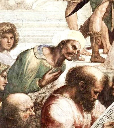 Averroès y figure à gauche, près d’un socle de colonne et identifiable à son turban (Cf. détail).