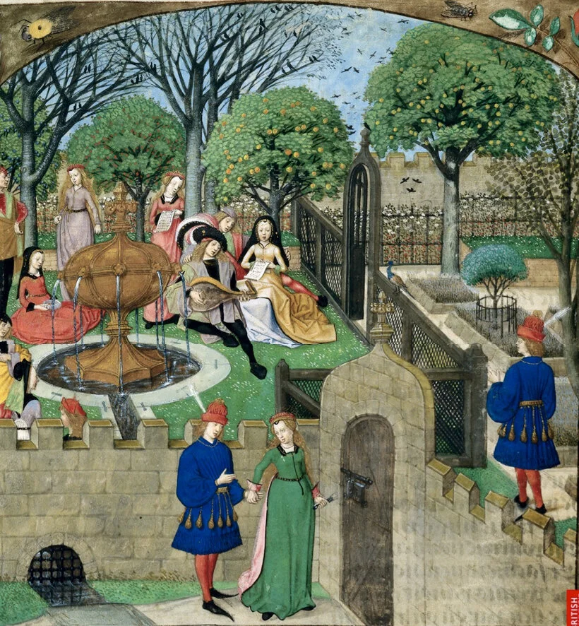  Maitre du «   Livre des prières   » Oisiveté guide l’Amant au Jardin (miniature du ROMAN DE LA ROSE; vers 1500) ; British Library, LONDRES. 