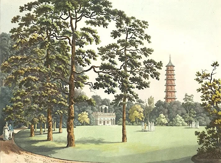   J.H SCHÜTZ - A view in Kew Gardens of the Alhambra & Pagoda  (gravure de 1798 ; British Library) 