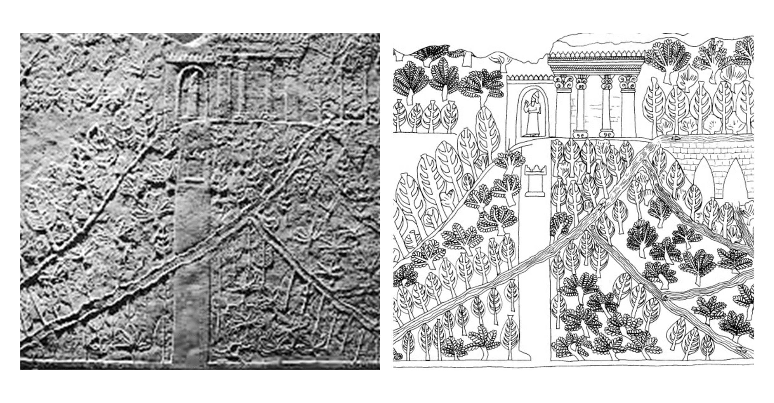 Ninive : bas relief des jardins “suspendus” dans la frise conservée au British Museum.