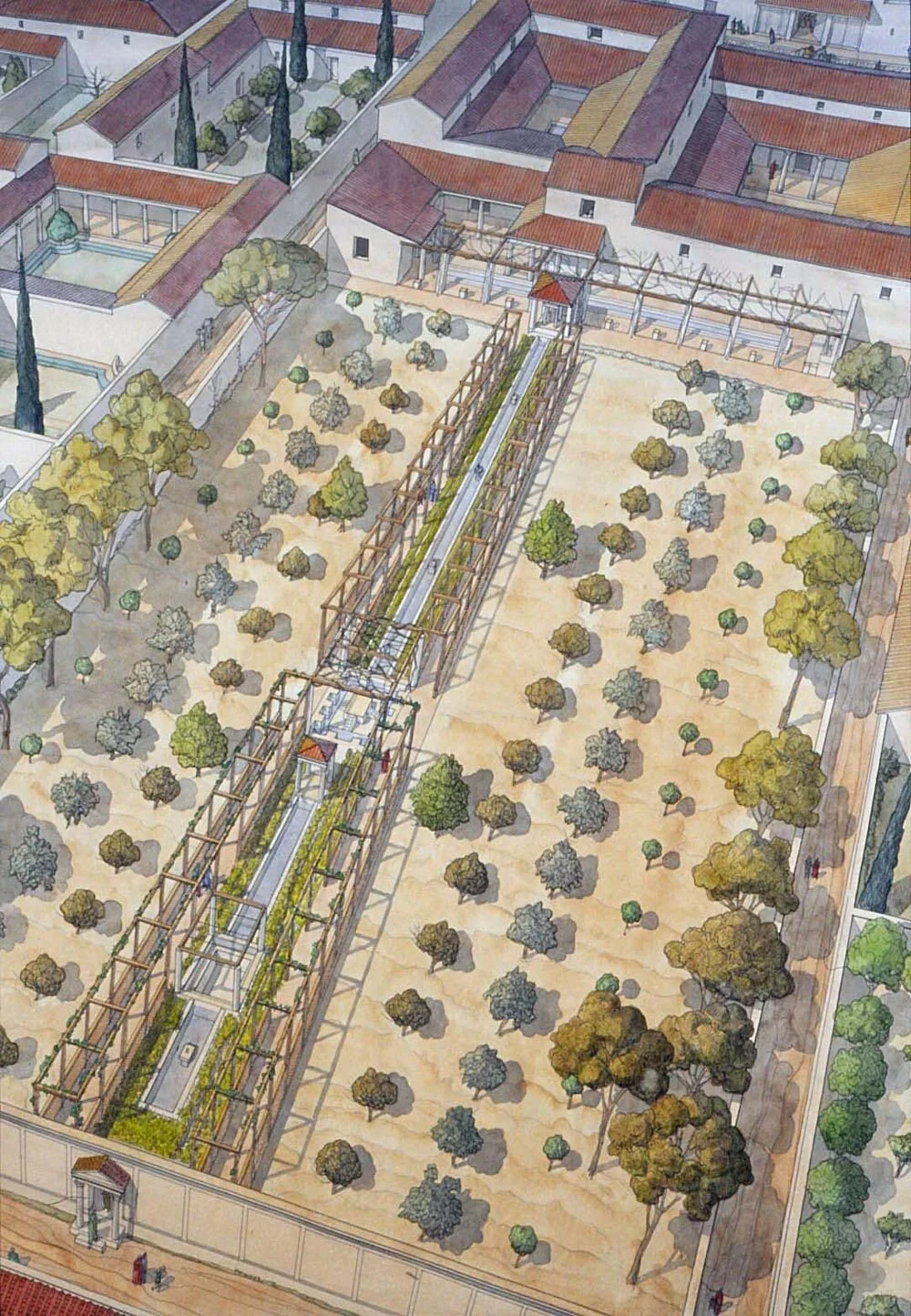 Pompéï : villa Tiburtinus (maison d’Octavius Quartius) L'habitation, de dimension modeste, jouit du jardin le plus vaste de Pompéi, récemment réaménagé avec l'installation des essences originelles. Au croisement des canaux sous pergolas, un nymphée alimente le canal central du jardin en contrebas.