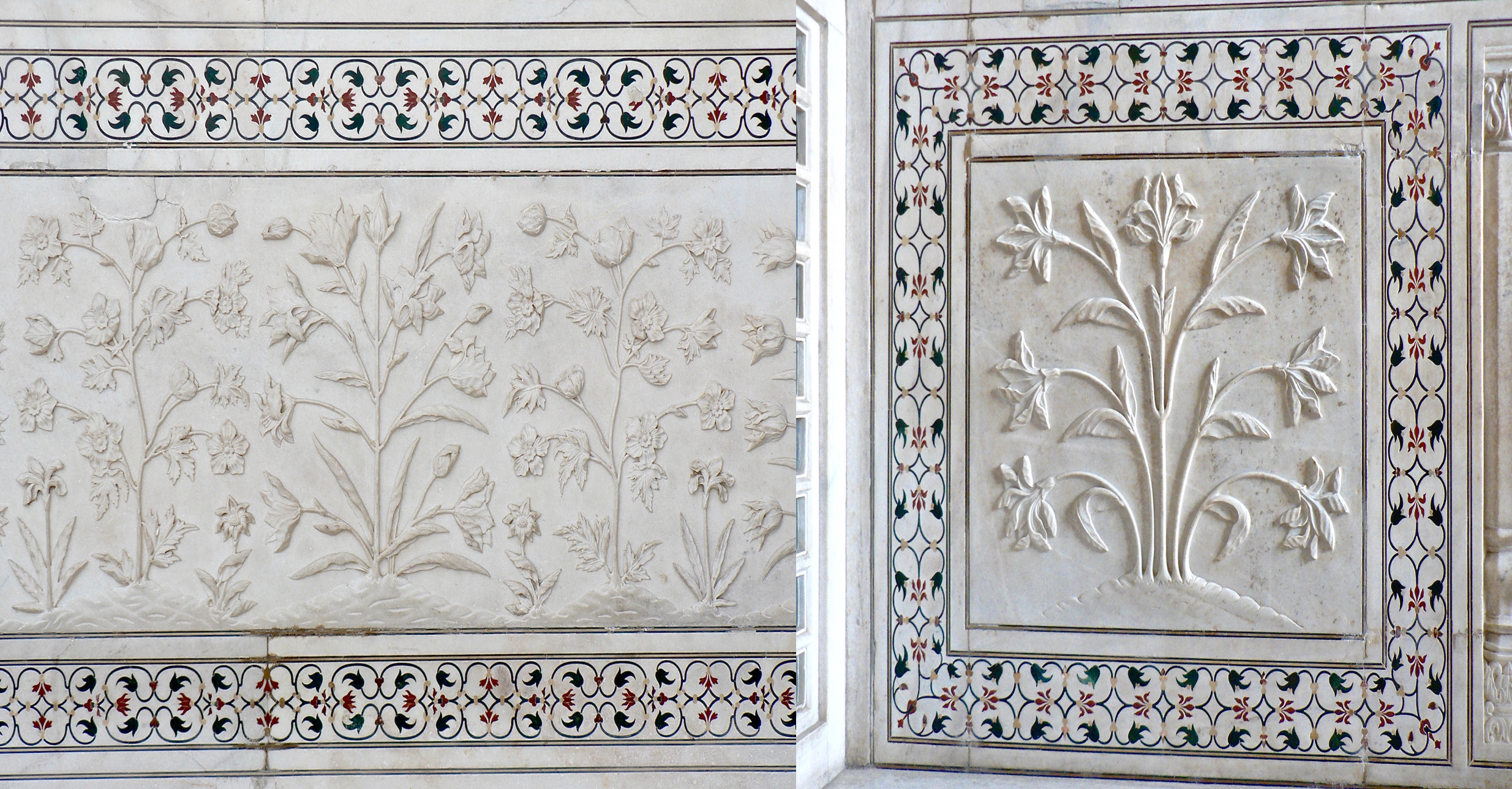 La décoration comme à Amber s’exprime ici dans le bas relief floral des marbres.