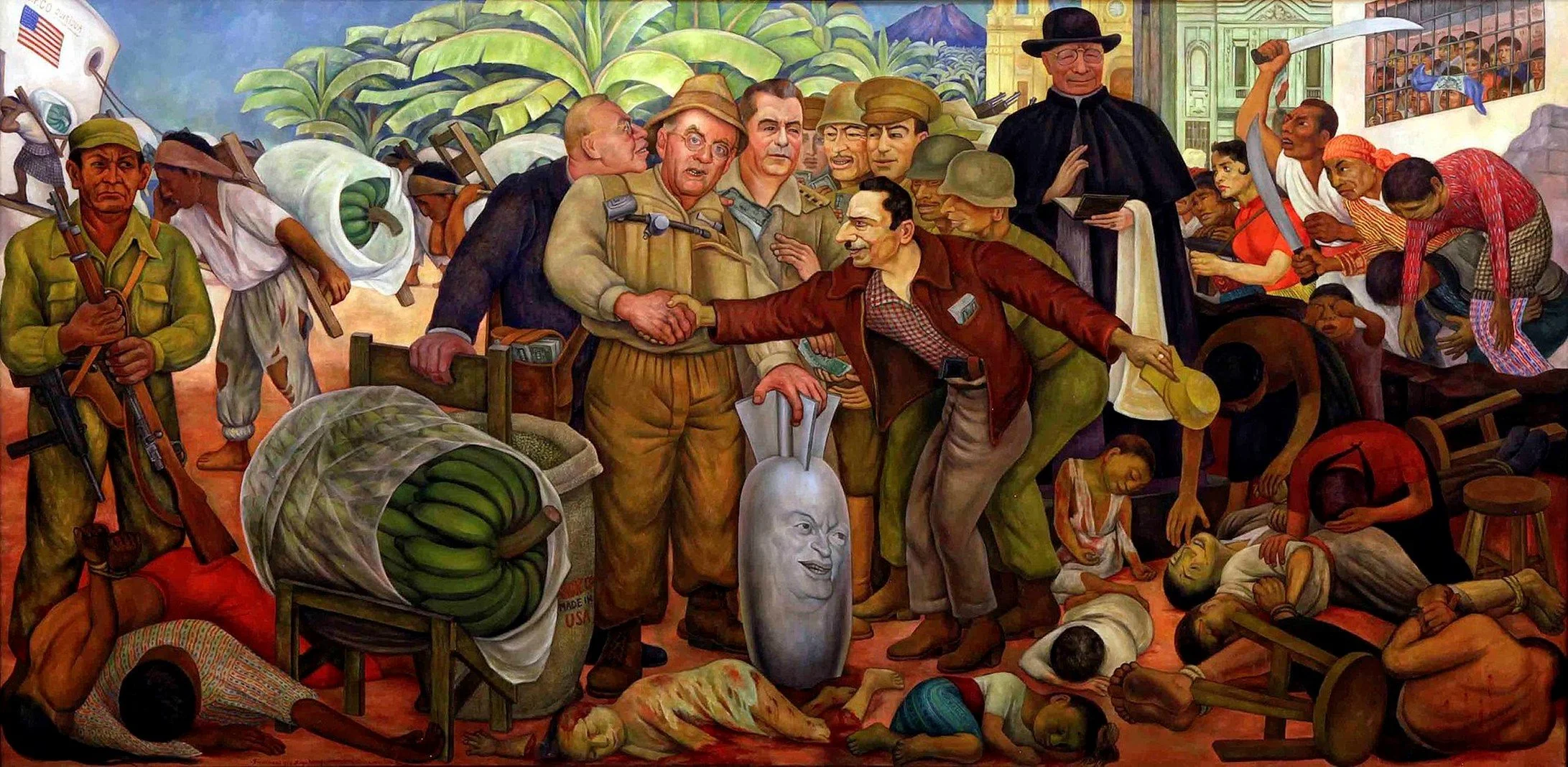   Fresque de Diego Rivera «&nbsp;Une glorieuse victoire&nbsp;» 1954    (tempera   &nbsp;sur&nbsp;   toile    260&nbsp;×&nbsp;450 cm&nbsp;; musée Pouchkine Moscou) Au centre sur la bombe Eisenhower qui a donné le feu vert à l’opération&nbsp;; debout au centre Foster Dulles dirigeant la CIA et lui serrant la main, Armas le meneur du coup d’état  