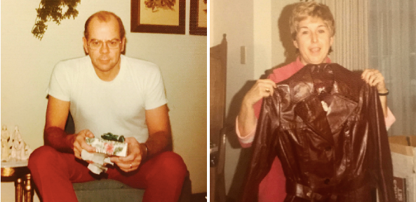 Bill and Barb exchanging Christmas gifts in 1971. The coat was loved dearly due to the help of my mother-in-law
