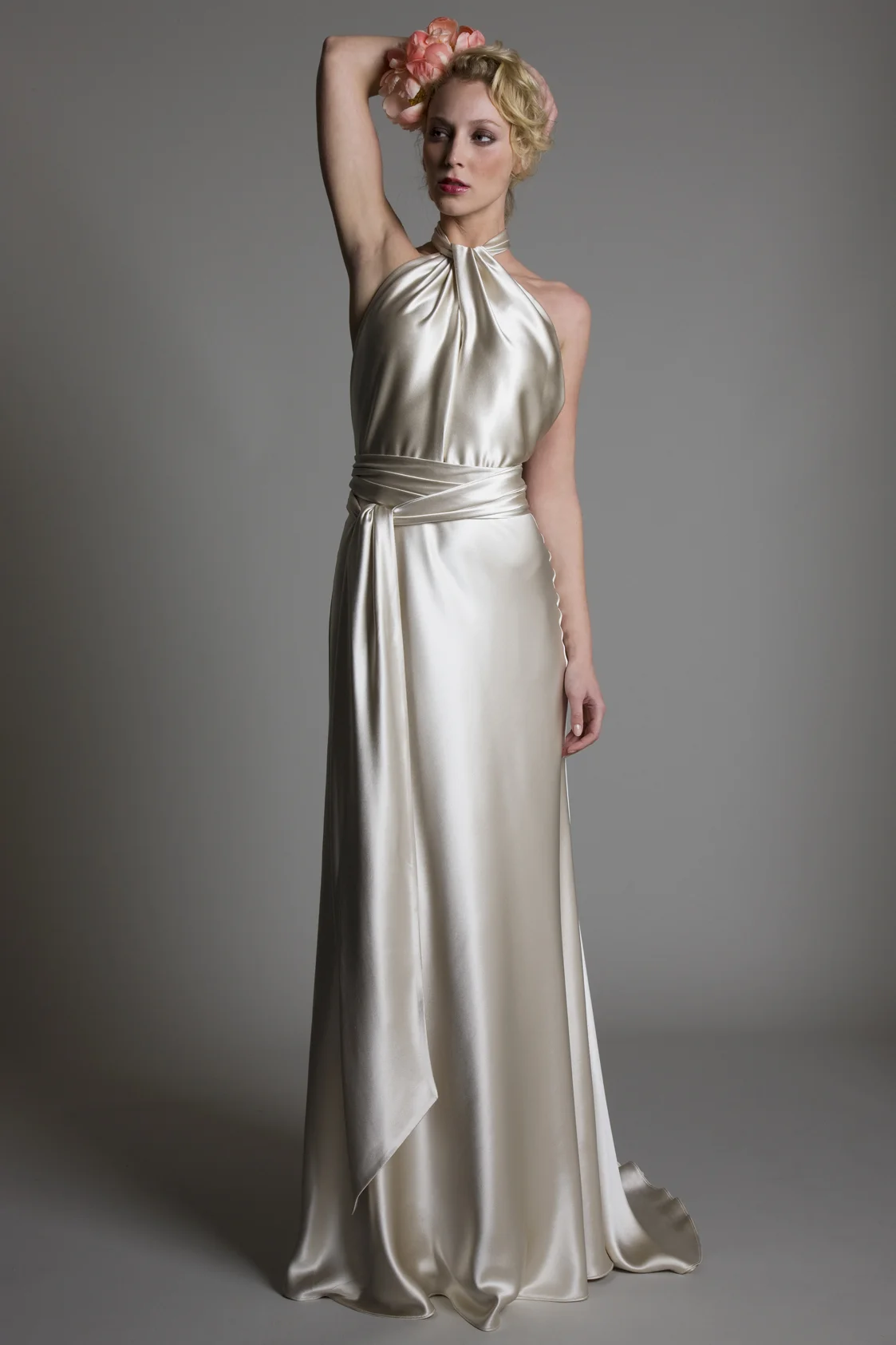 Claudia satin halter neck bridal wedding dress with satin belt detail by Halfpenny London