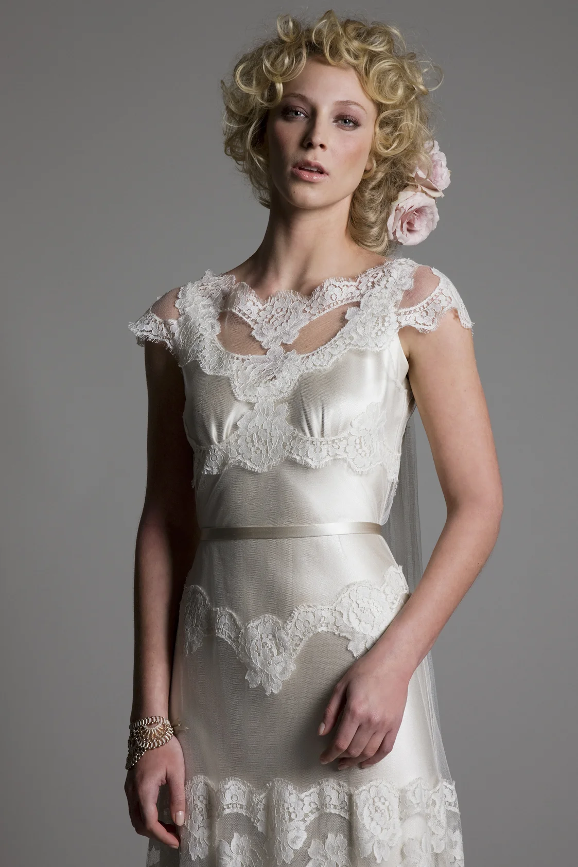 Detailed view of the Emily Tulle and French Lace Dress with Narrow Belt Bridal Wedding Dress by Halfpenny London
