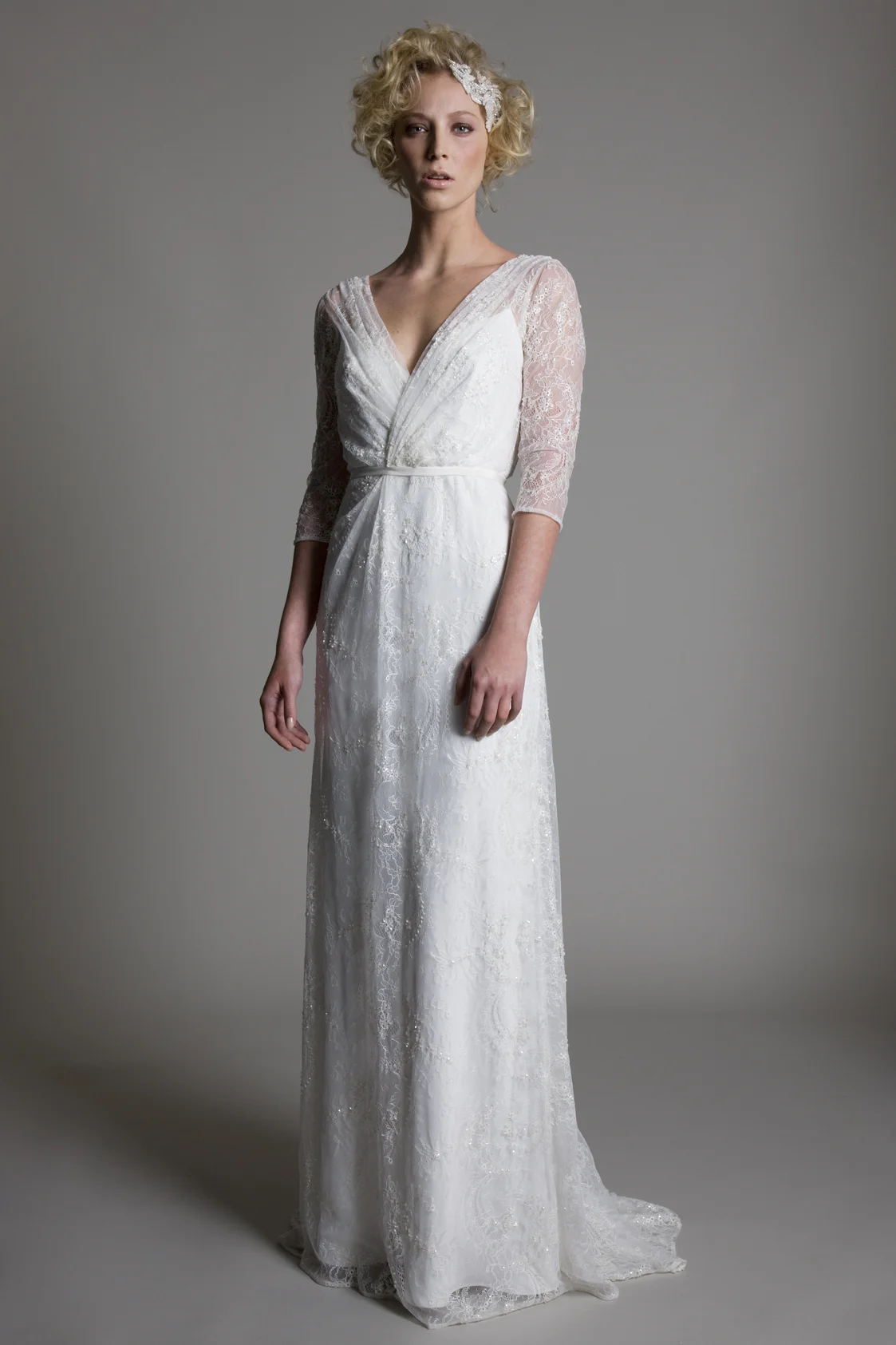 Josephine wrap front full lace wedding dress with a low V back by Halfpenny London