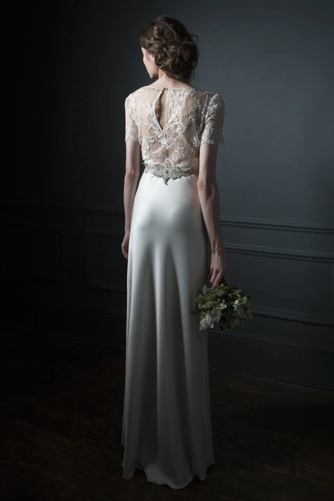 Back view of the Annabel Lace Tee over Iris Satin slip with silver embroidered belt bridal wedding dress by Halfpenny London