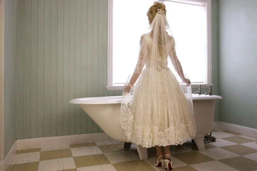 Christabelle tea length skirt and corset with French lace veil