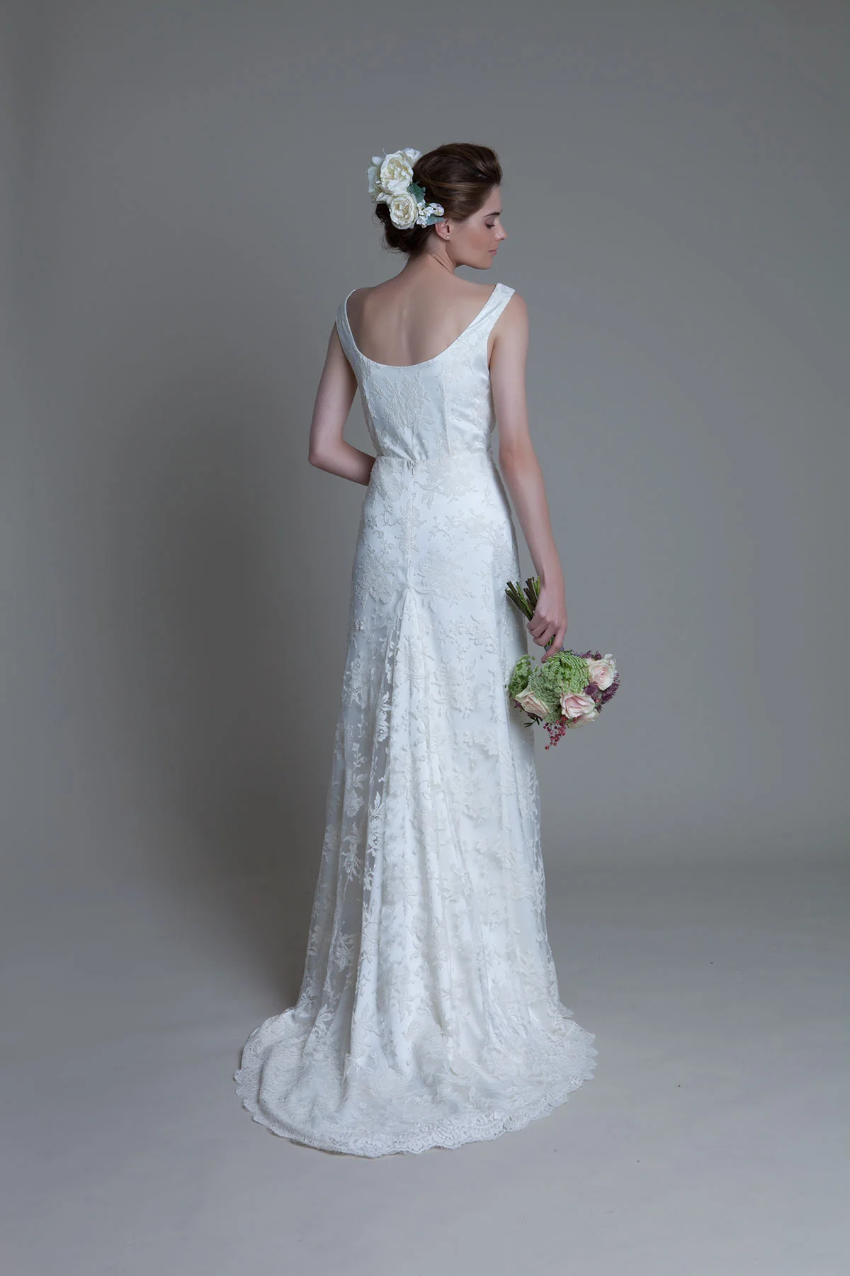Back view of the Andrea French Lace Ivory Top paired with the Andrea French Lace Skirt with a Godet insert and buddle train Bridal Wedding Dress by Halfpenny London