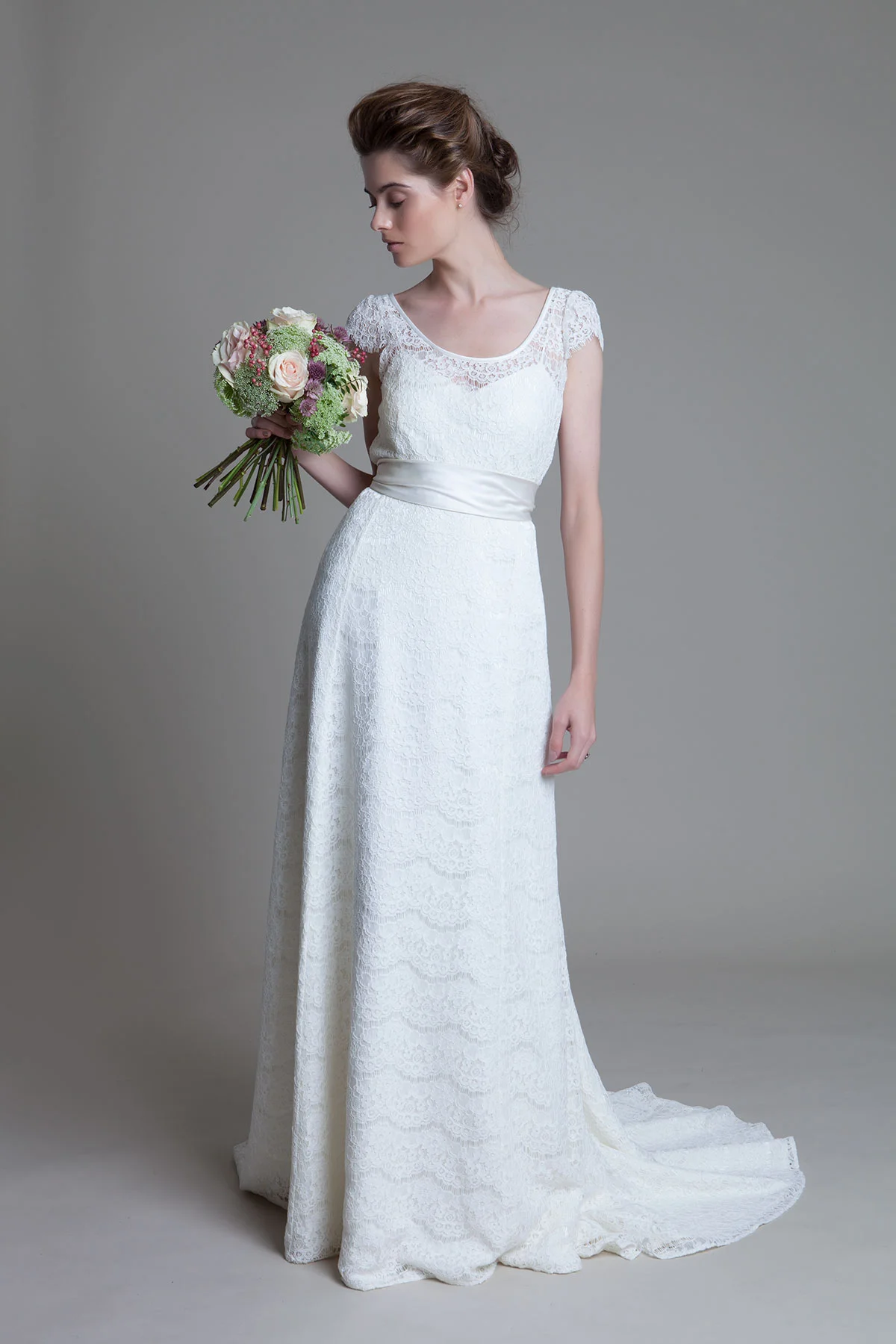 Bella round neck french lace and duchess satin sash bridal wedding dress by Halfpenny London