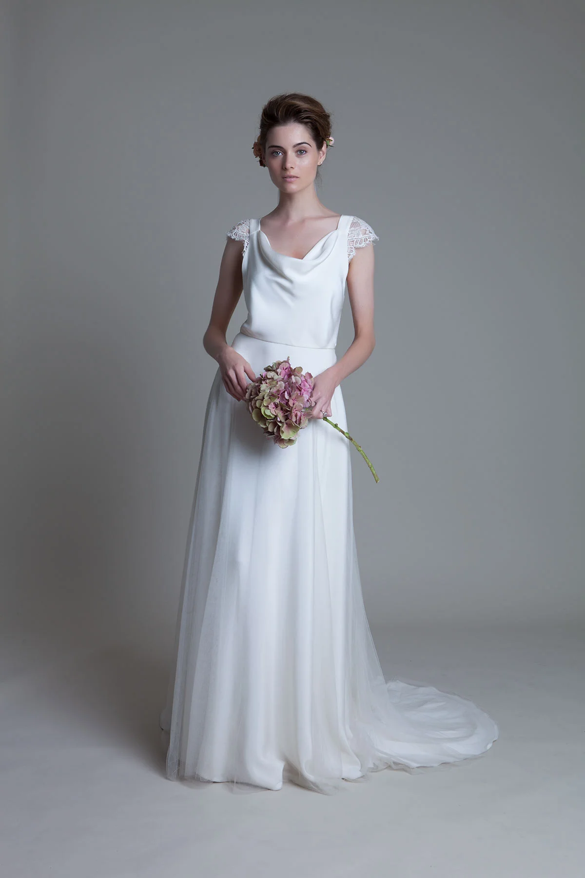 Clare Silk Crepe Cowl Neck with Silk Tulle Circular Skirt Wedding Dress by Halfpenny London