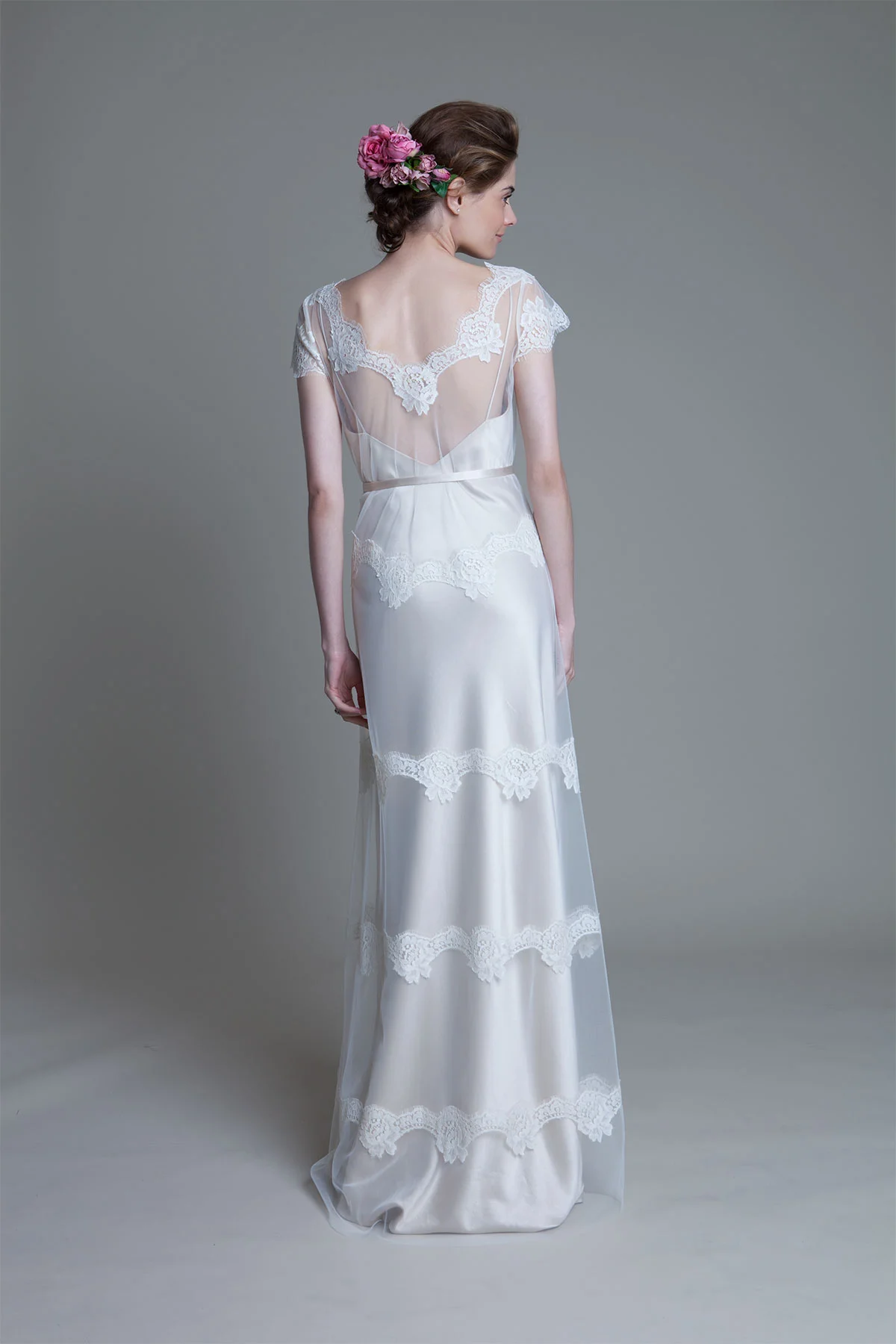 Back View Of The Emily Tulle and French Lace Dress with Narrow Belt Bridal Wedding Dress by Halfpenny London