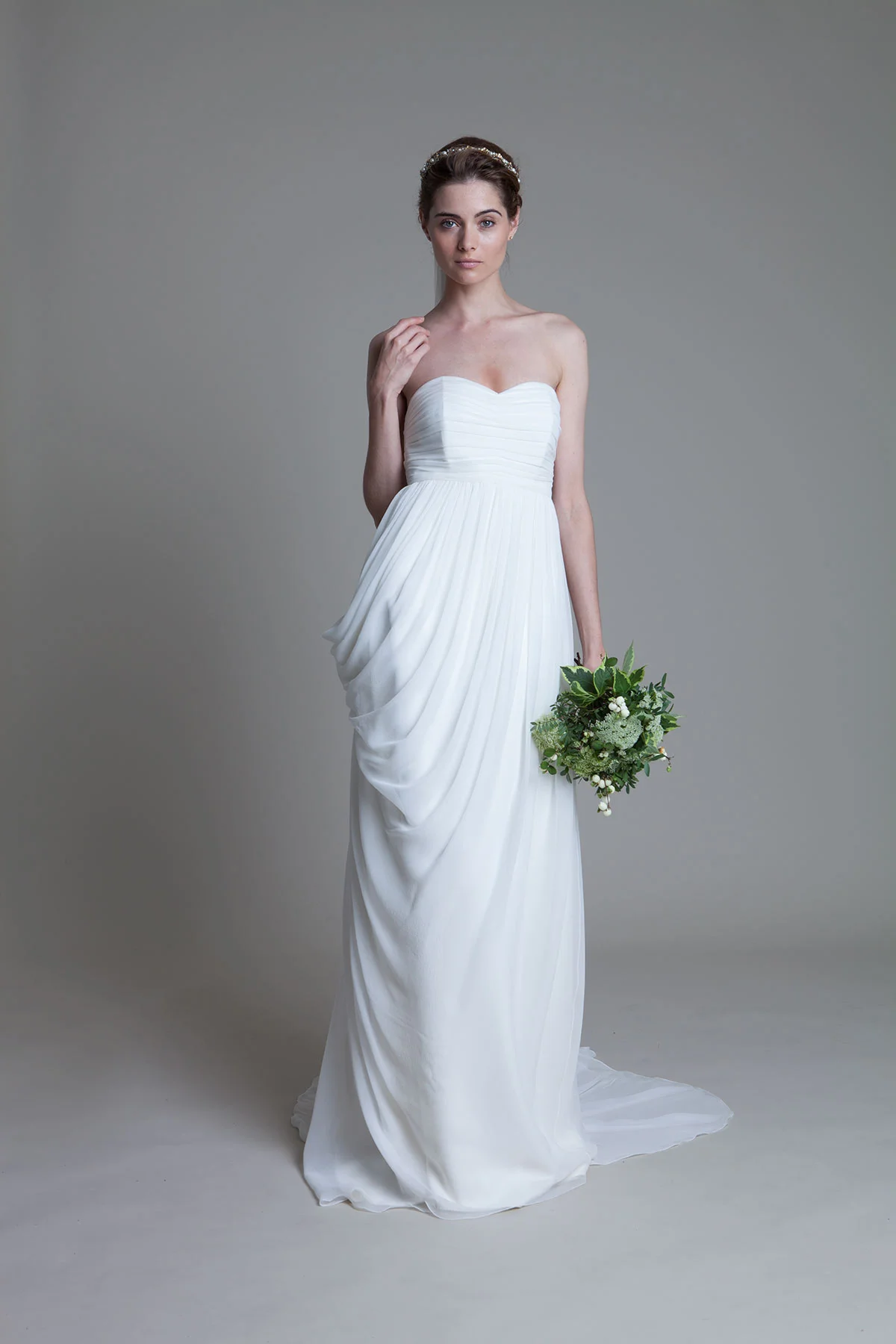 Georgina soft pleated chiffon boned bodice with a draped grecian chiffon skirt with train bridal wedding dress by Halfpenny London