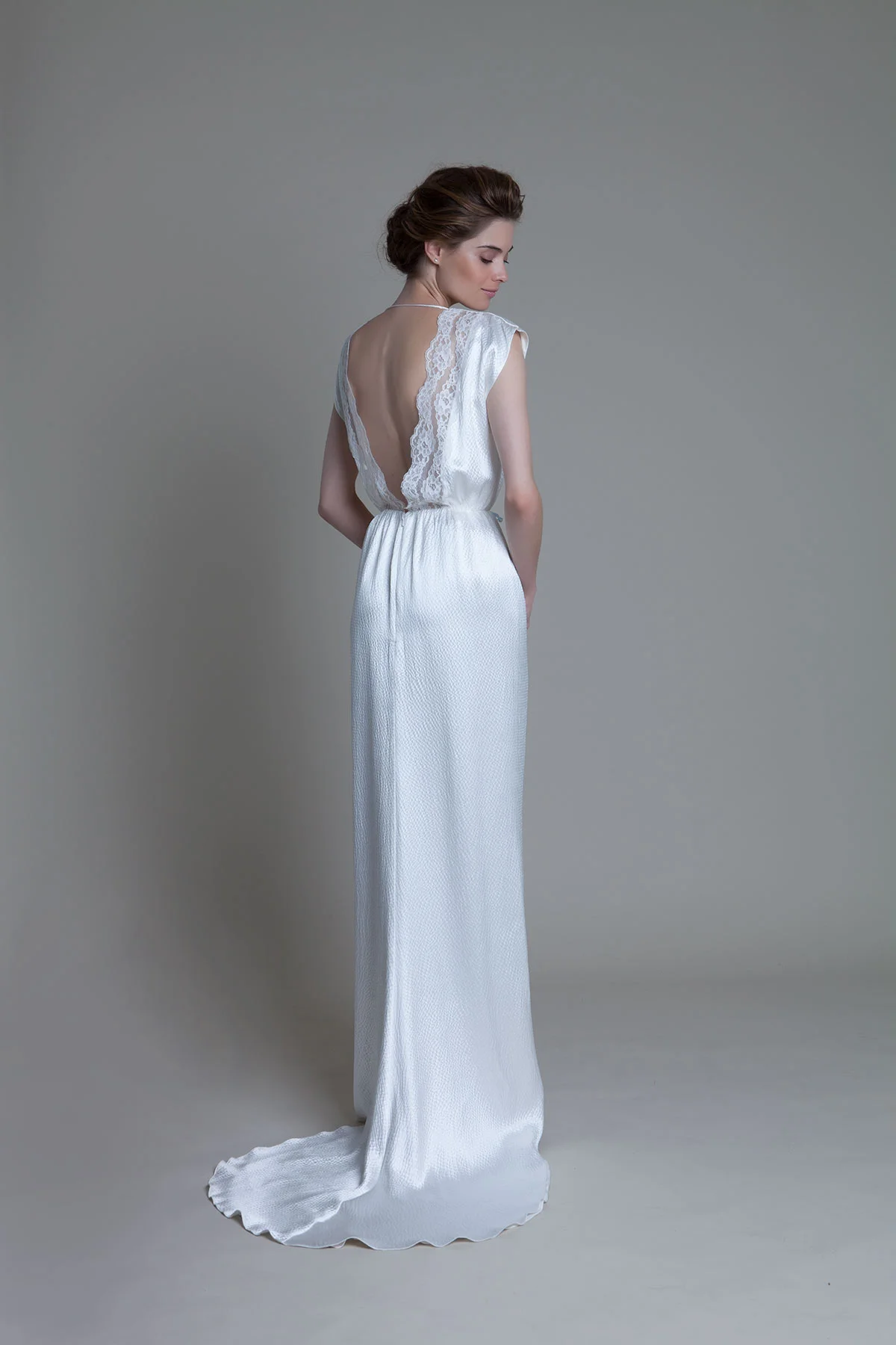 Back view of the Hennie hammered silk backless bridal wedding dress by Halfpenny London