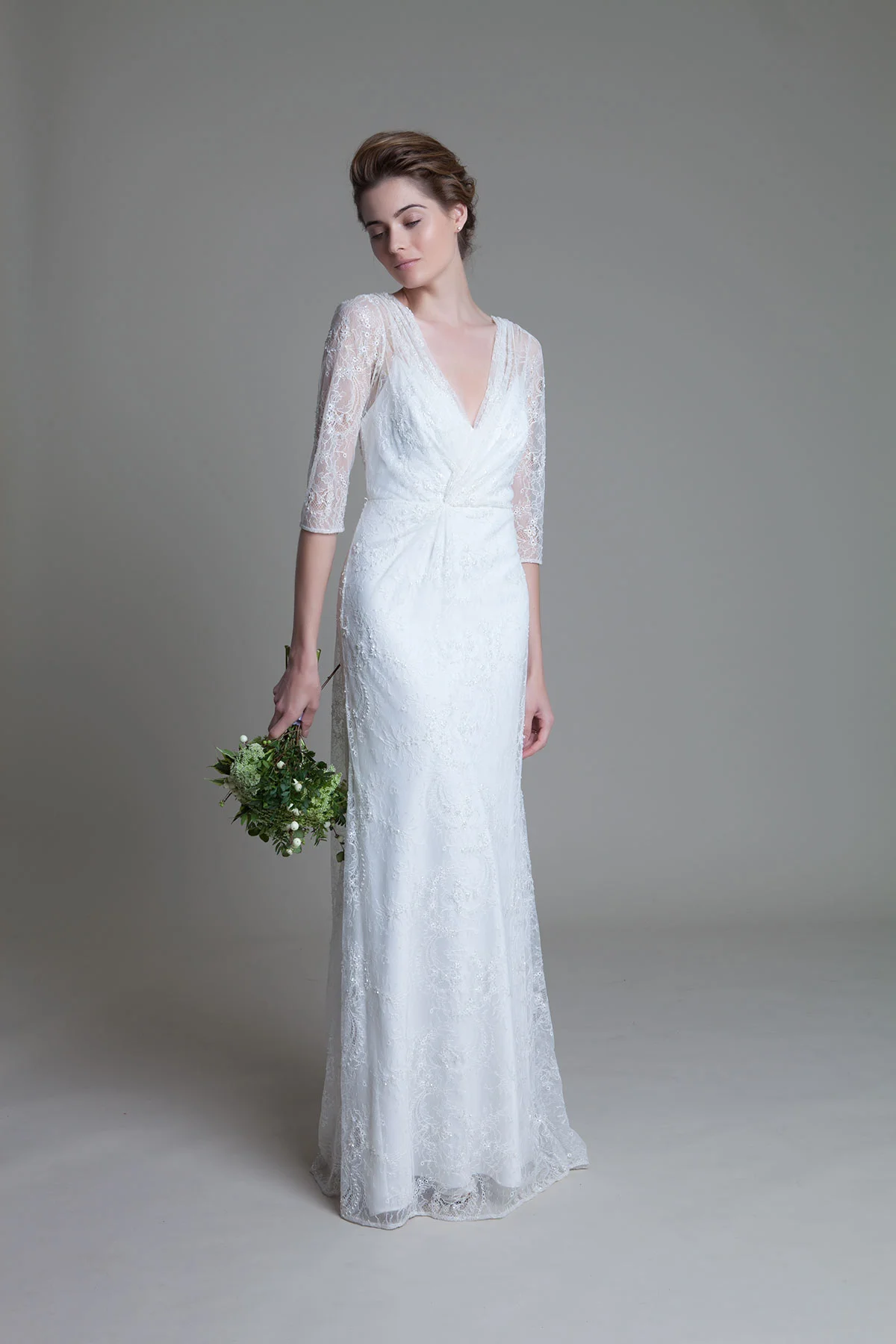Josephine wrap front full lace wedding dress with a low V back by Halfpenny London