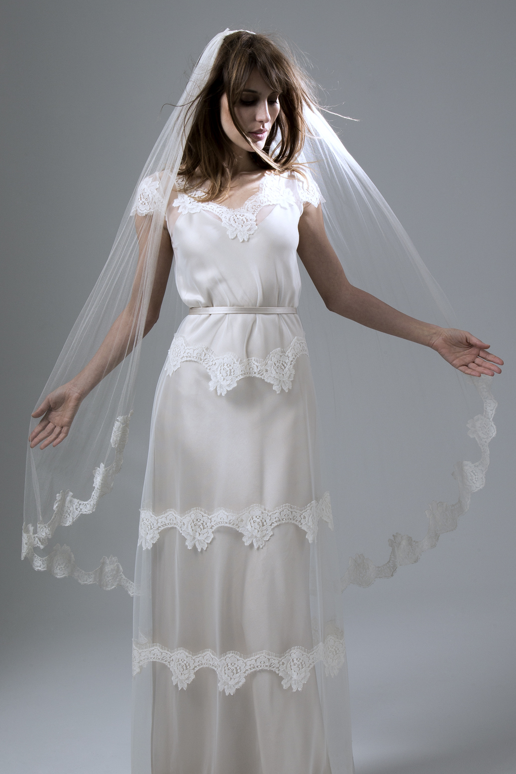 Emily Tulle and French Lace Dress with Narrow Belt Wedding Dress by Halfpenny London