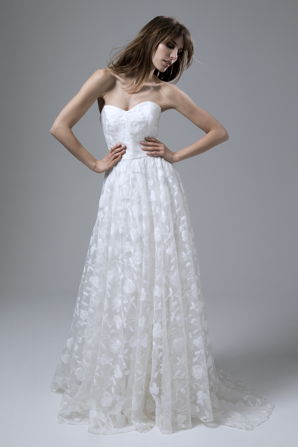 Esme Embroidered Organza Strapless Wedding Dress with Circular Skirt by Halfpenny London