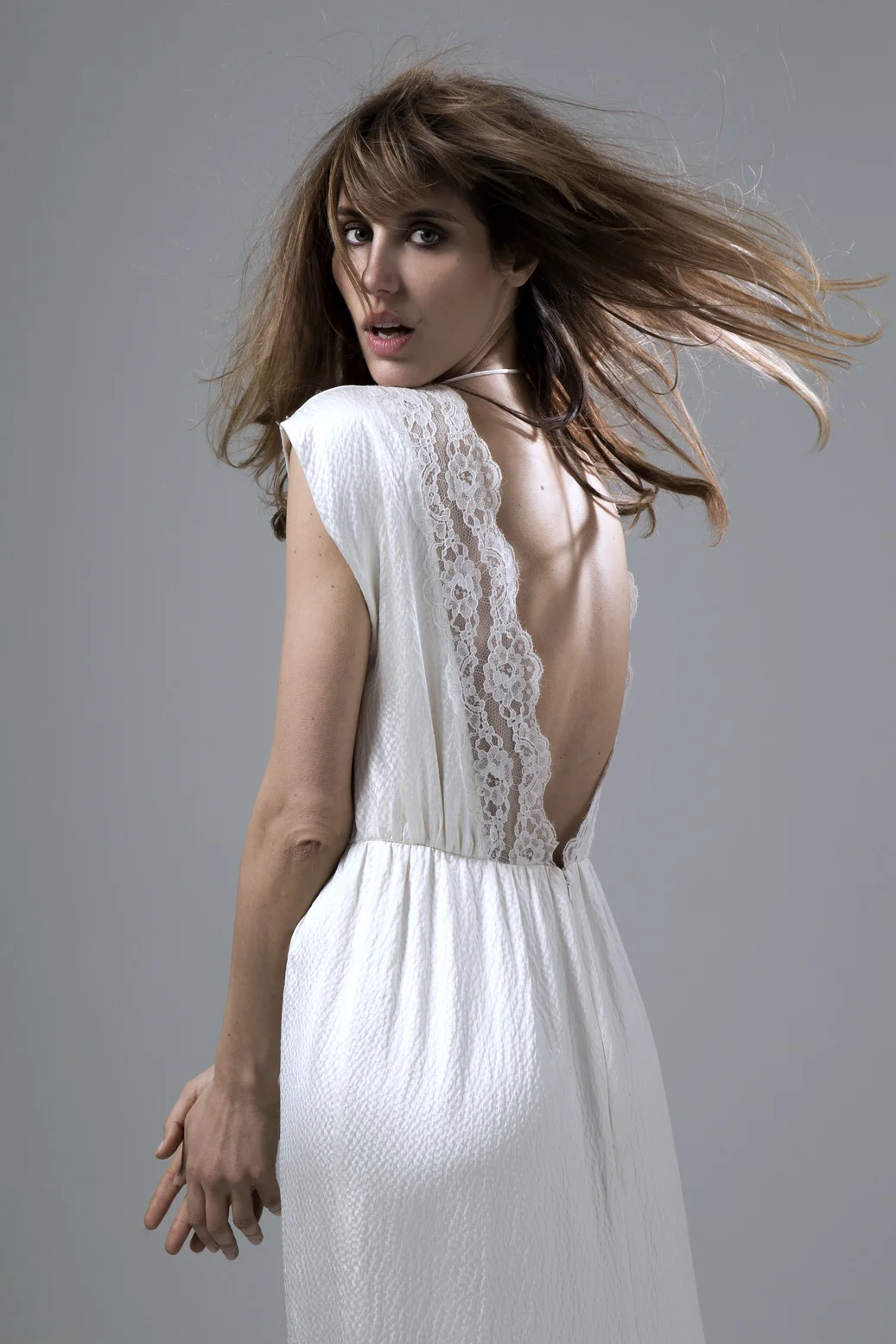 Detailed back view of the Hennie Dress in Hammered Silk and French Lace Trim Wedding Dress by Halfpenny London
