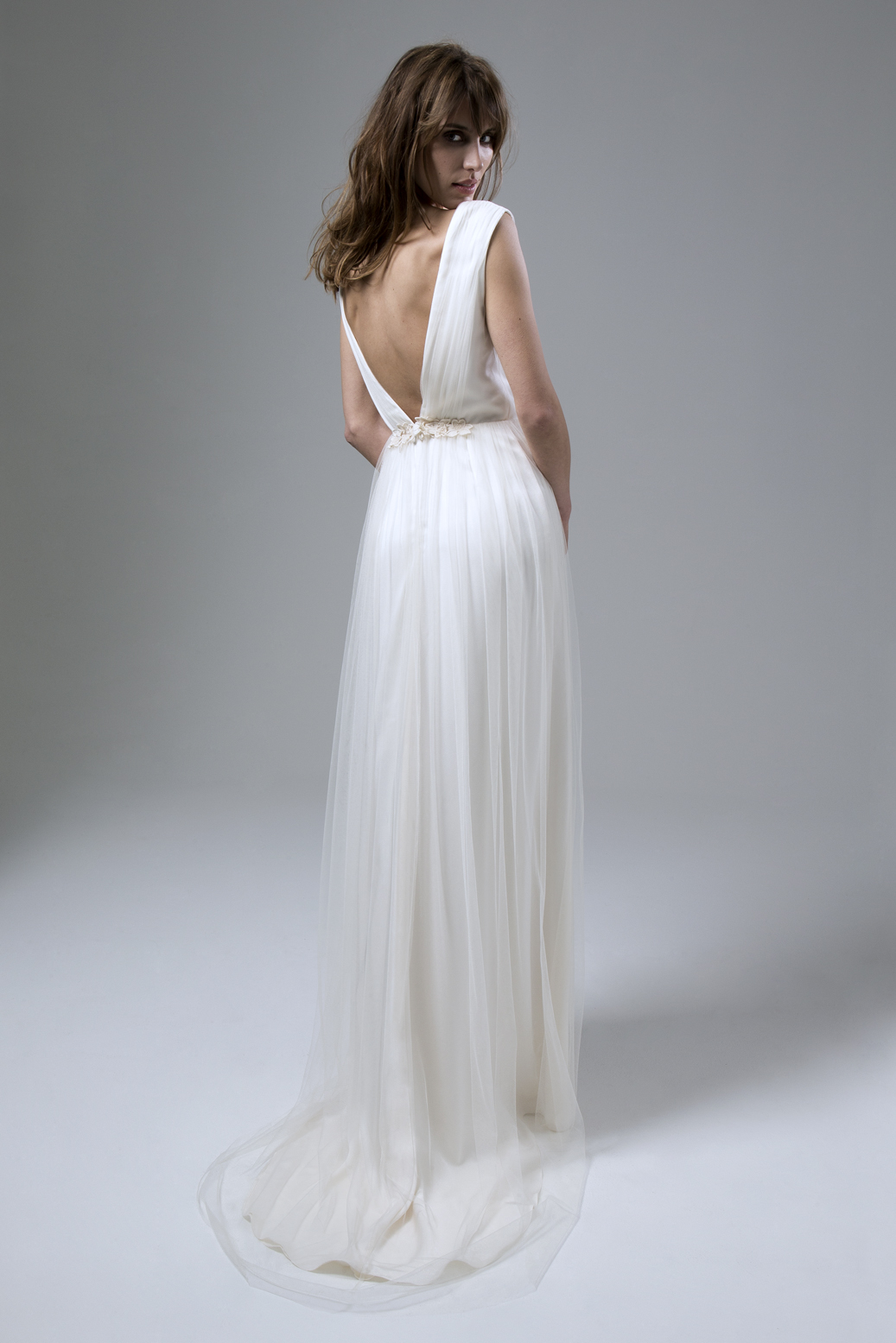 Back of the Clemence Tulle Dress with Guipure Flower Detail Wedding Dress by Halfpenny London