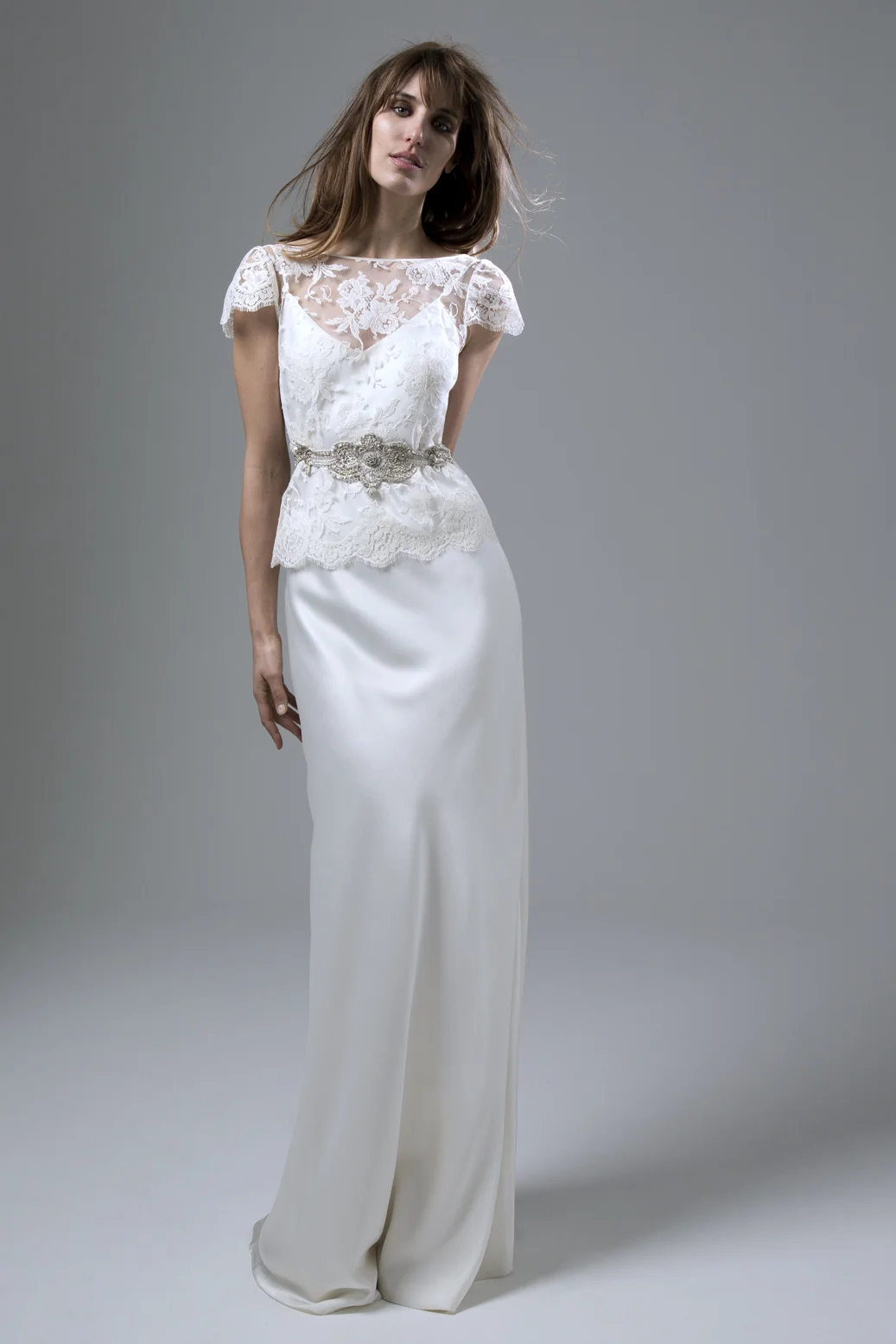 Iris French Lace Jacket and Iris low backed satin Slip Wedding Dress by Halfpenny London