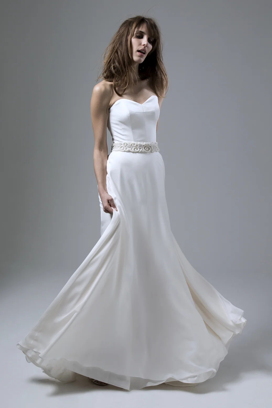 Detailed view of the Isobel Crepe Corset and Lizzy Circular Chiffon Skirt by Halfpenny London