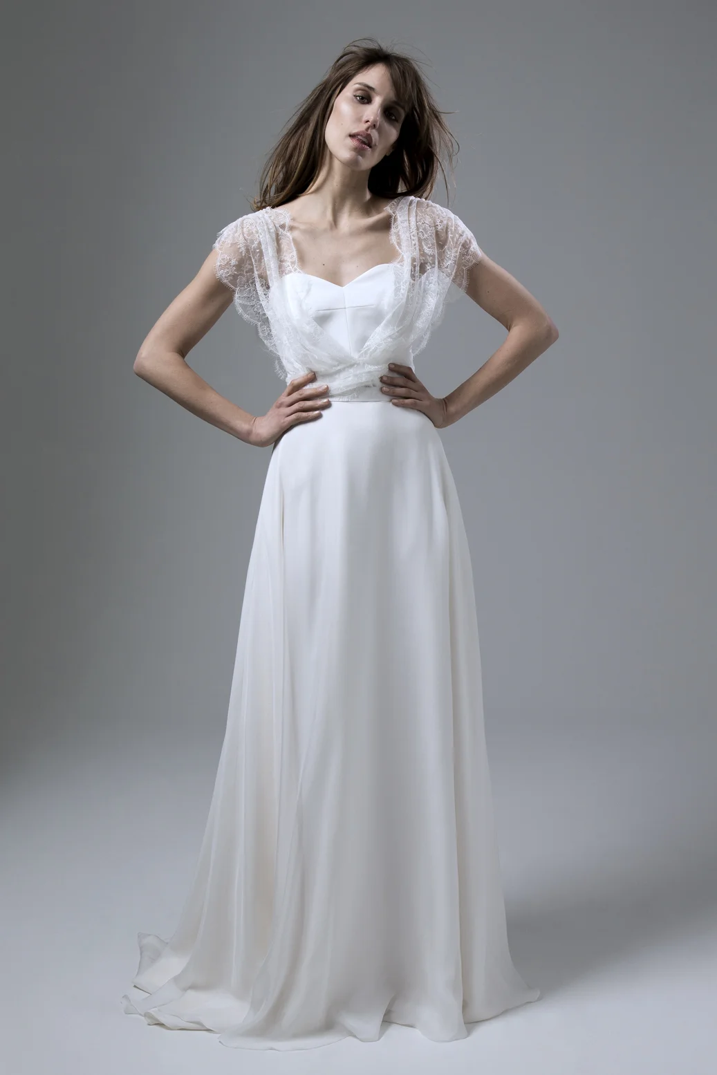 Lizzy draped gathered waist lace cover up, Isobel Corset and Lizzy chiffon skirt by Halfpenny London