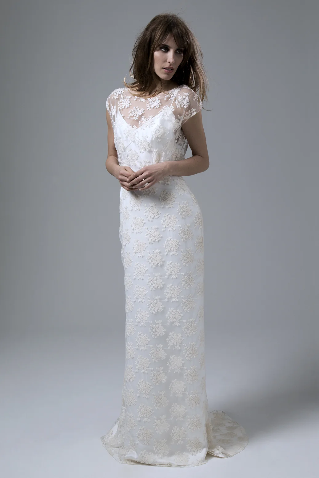 Lydia Rose embroidered tulle slash neck wedding dress with puddle train by Halfpenny London