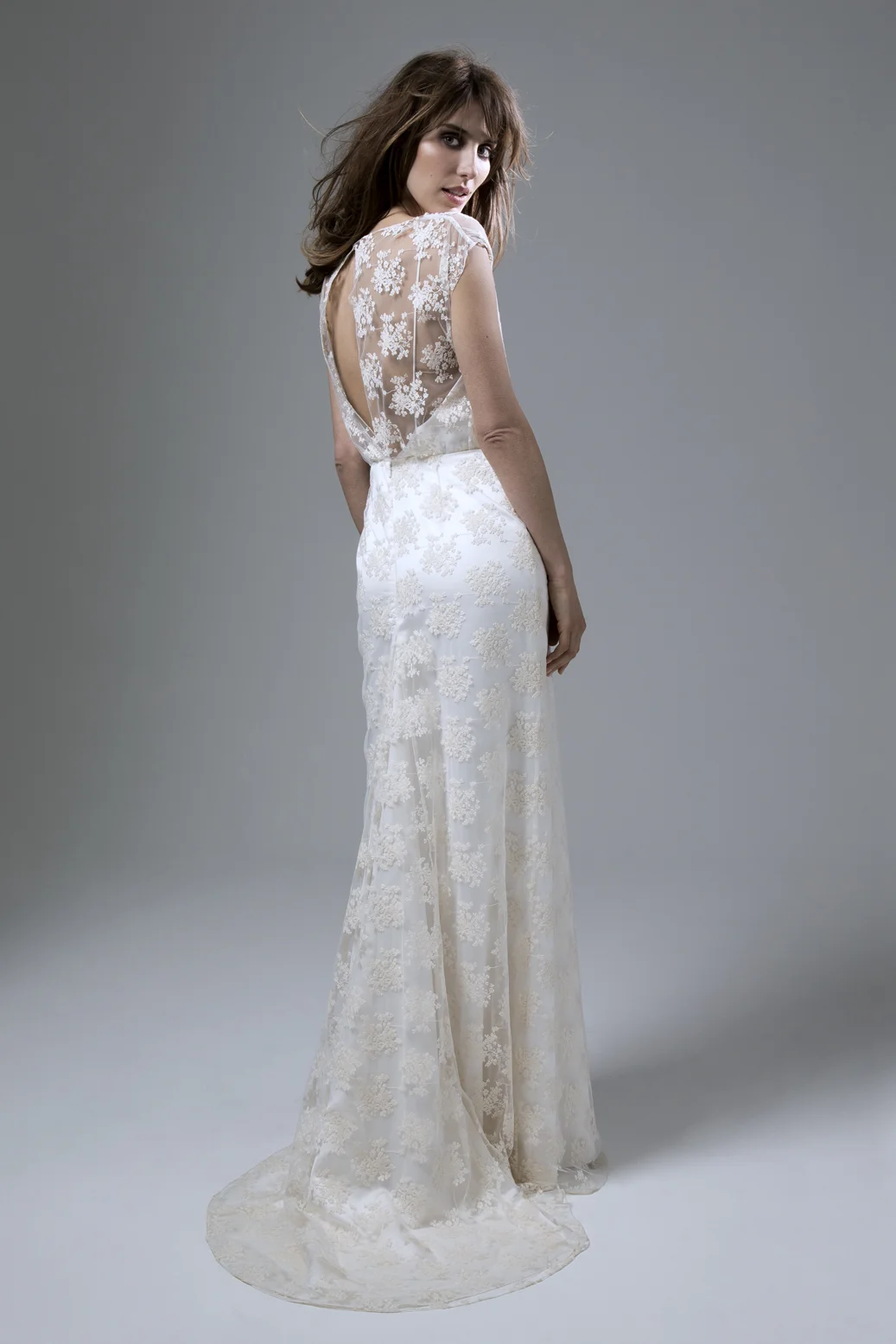 Back View of the Lydia Rose embroidered tulle slash neck wedding dress with puddle train by Halfpenny London