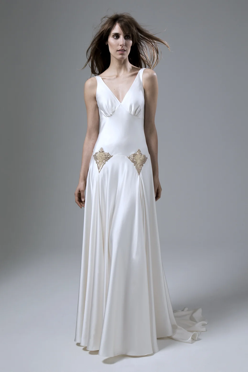 Milly Bafta V neck and low V back wedding dress with godgets and embellishment detailing by Halfpenny London