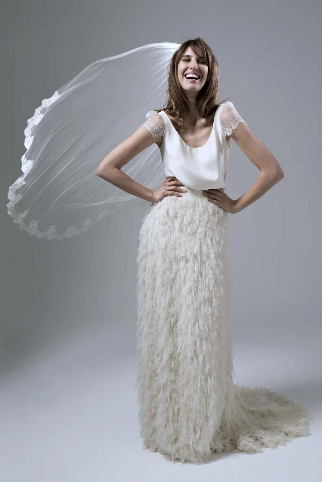 Swan tulle petal skirt and Swan crepe scoop neck tee with chantilly lace sleeves wedding dress by Halfpenny London