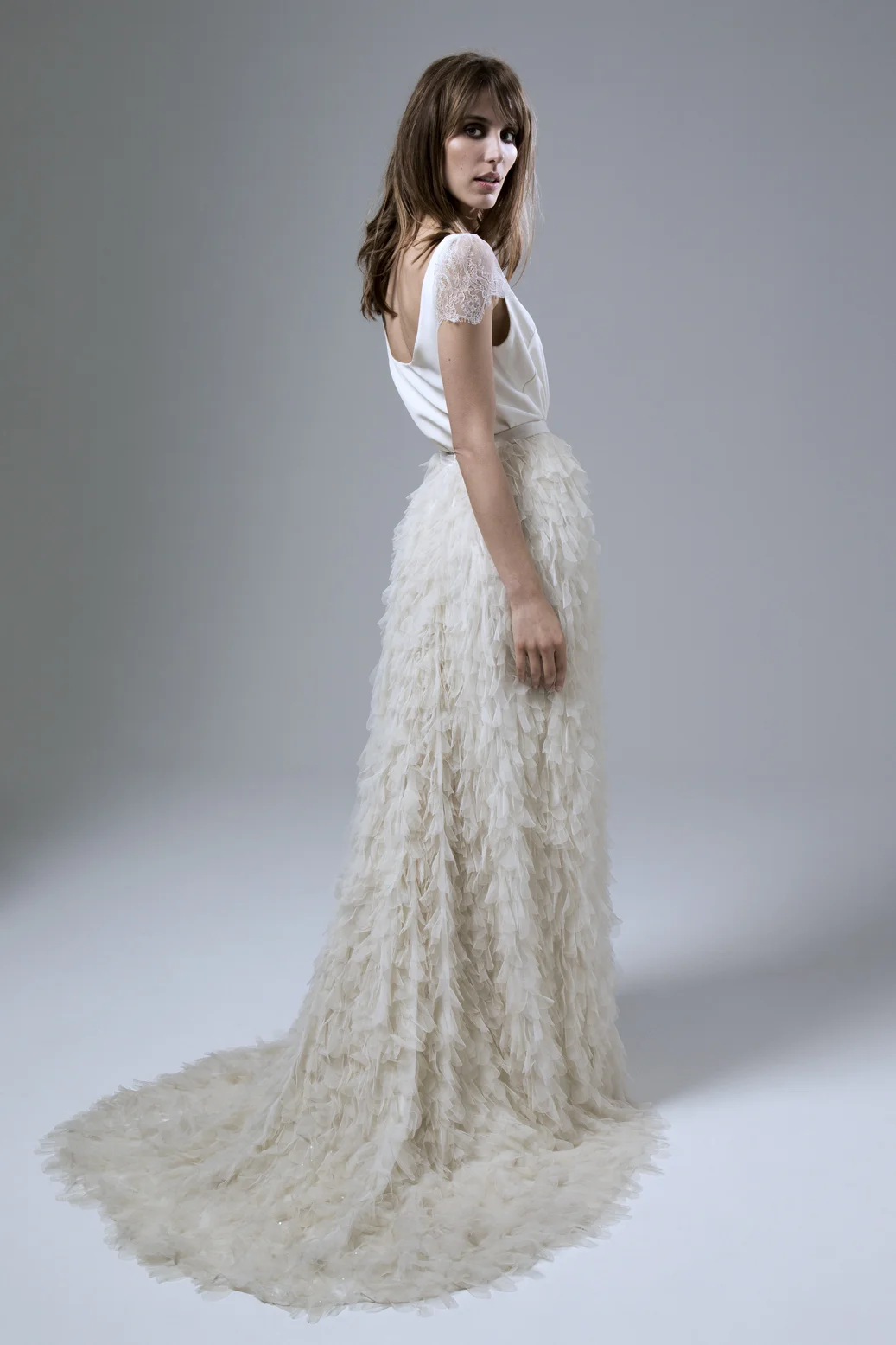 Back view of the Swan tulle petal skirt and Swan crepe scoop neck tee with chantilly lace sleeves by Halfpenny London