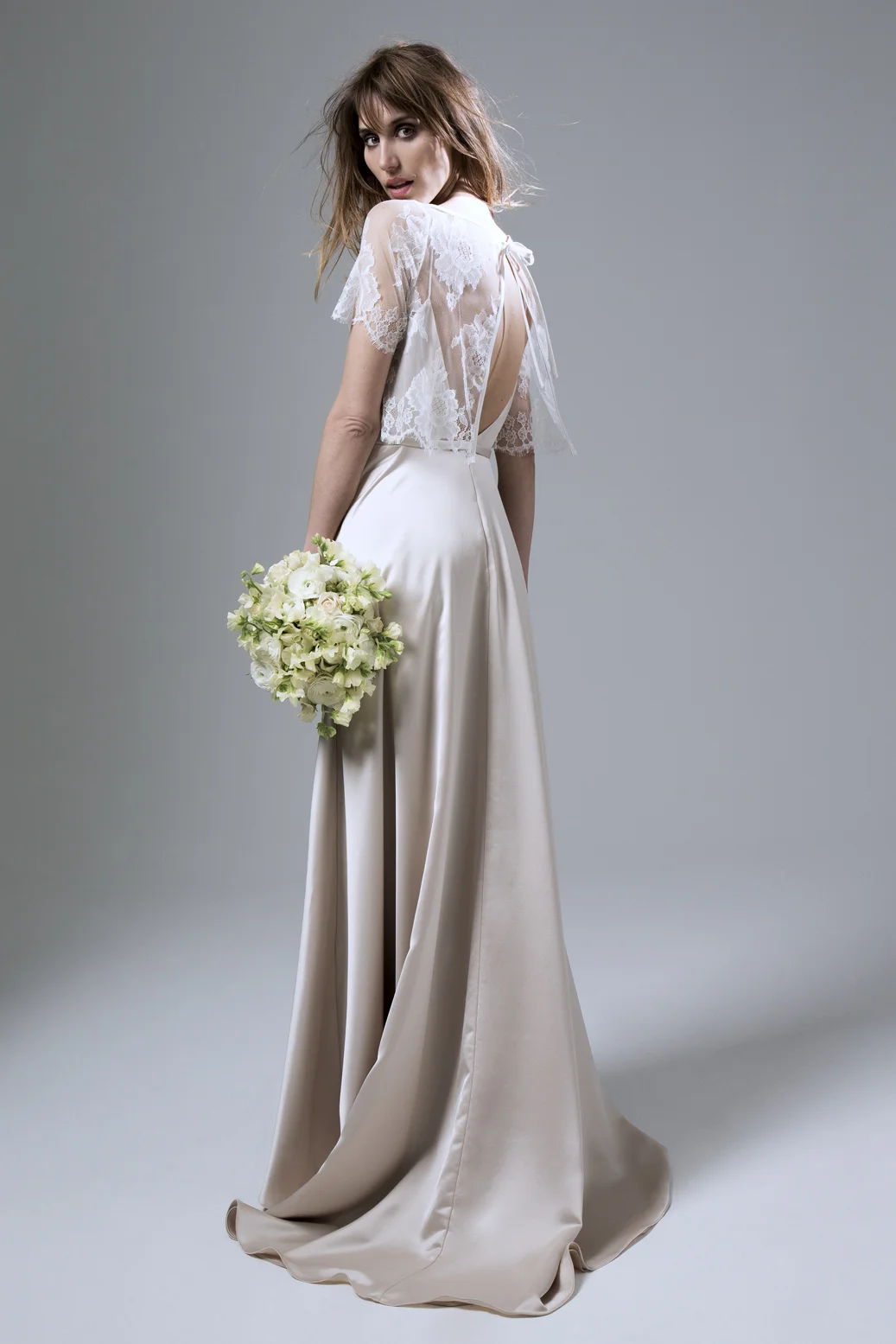 Back Of the Berry French Lace Jacket and Thea Crepe Back Satin Backless Wedding Dress by Halfpenny London