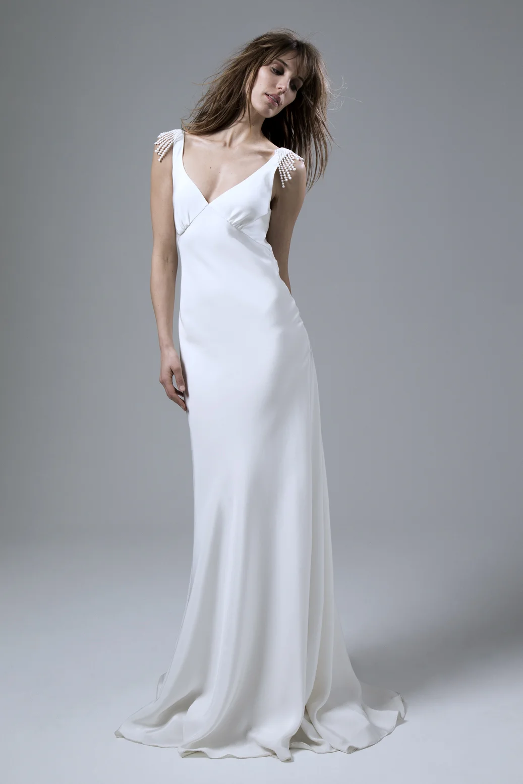 Vera bias cut backless silk crepe dress with french embroidery wedding dress by Halfpenny London